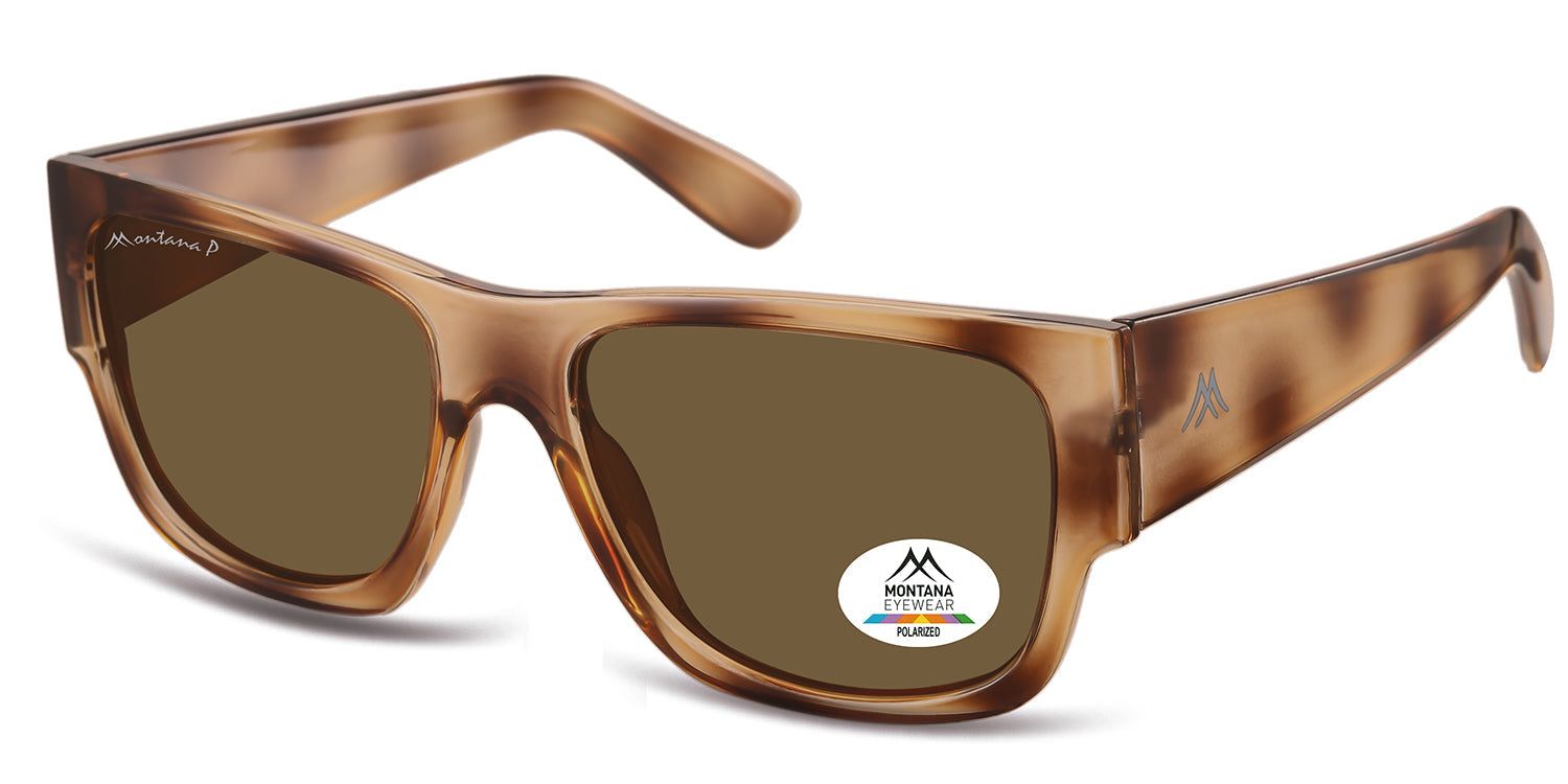 Lunettes de soleil marron avec verres rectangulaires. Logo Montana Eyewear sur la branche et la lentille. Polarisées.