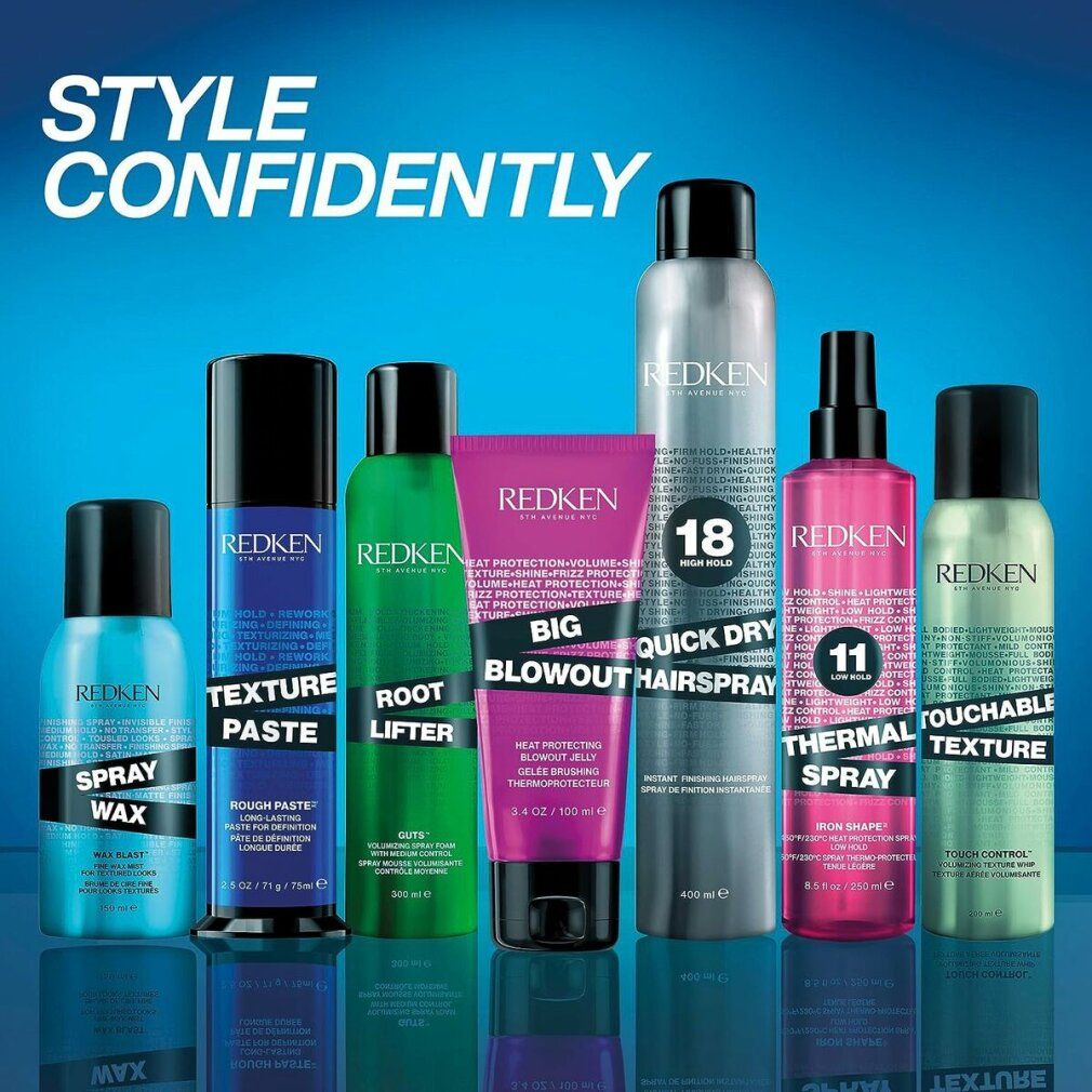 Plusieurs produits coiffants Redken. Comprend Spray Wax, Texture Paste, Root Lifter, Big Blowout, Quick Dry Hairspray, Thermal Spray, Touchable Texture.
