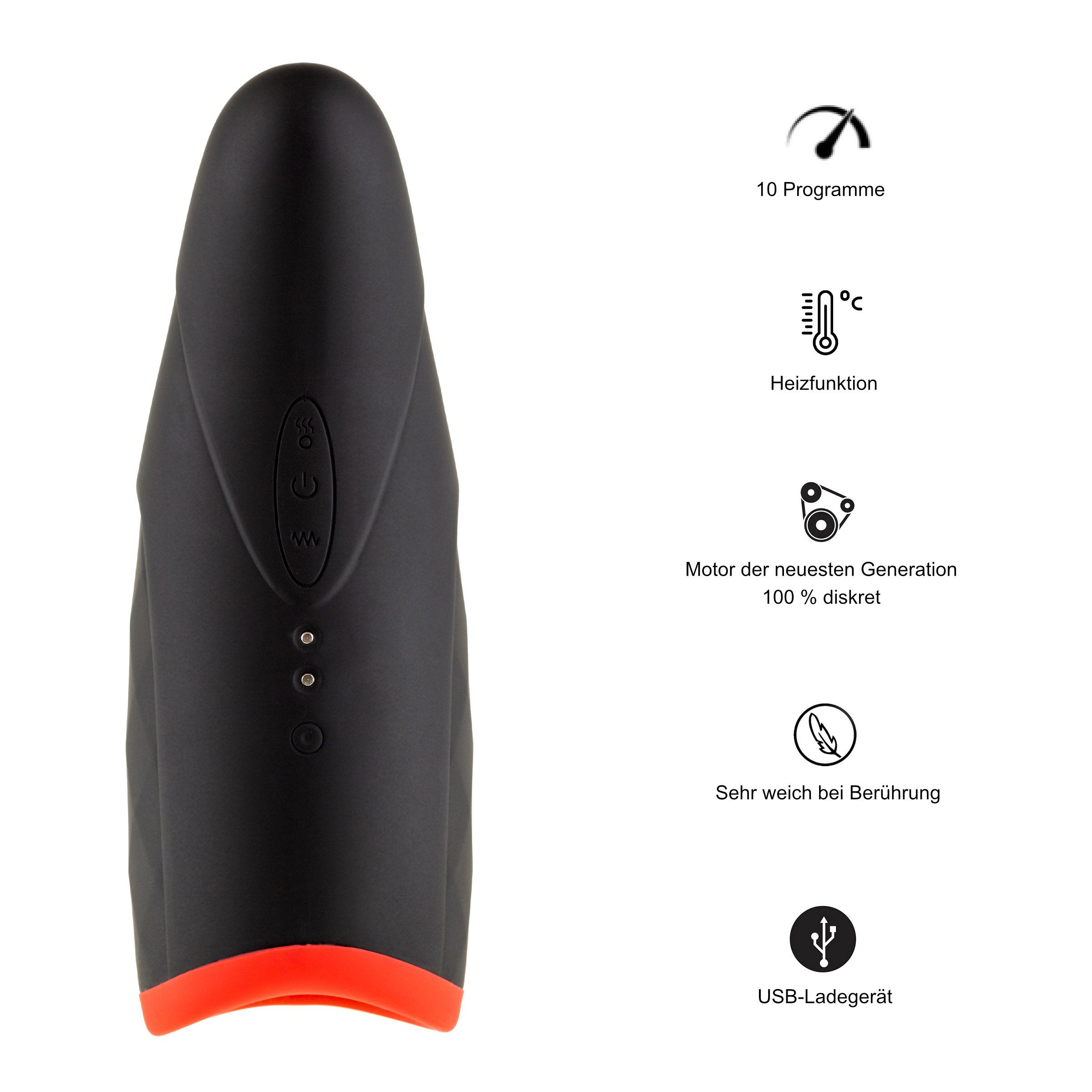 Vibrateur noir avec accents rouges, 10 programmes, fonction chauffante, chargeur USB.