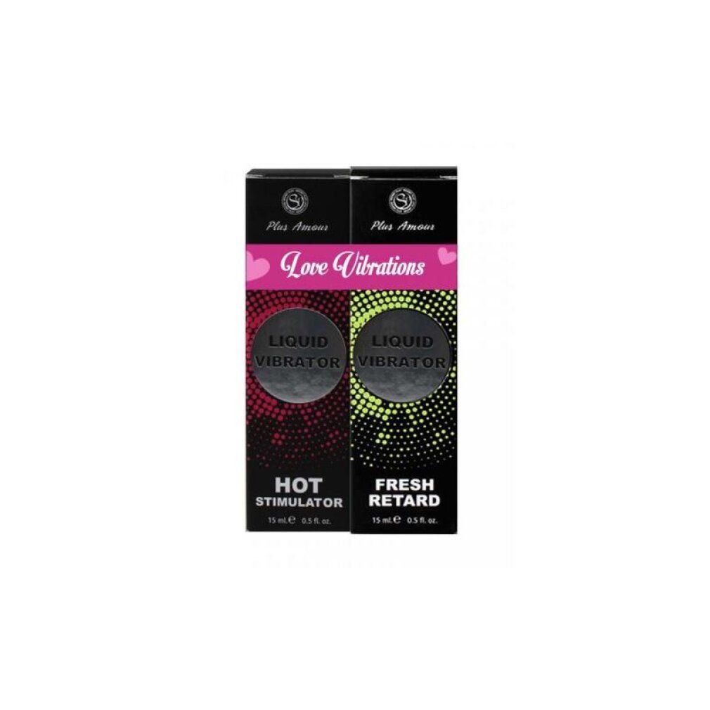 Deux paquets 'Love Vibrations Liquid Vibrator Hot Stimulator' et 'Fresh Retard'.