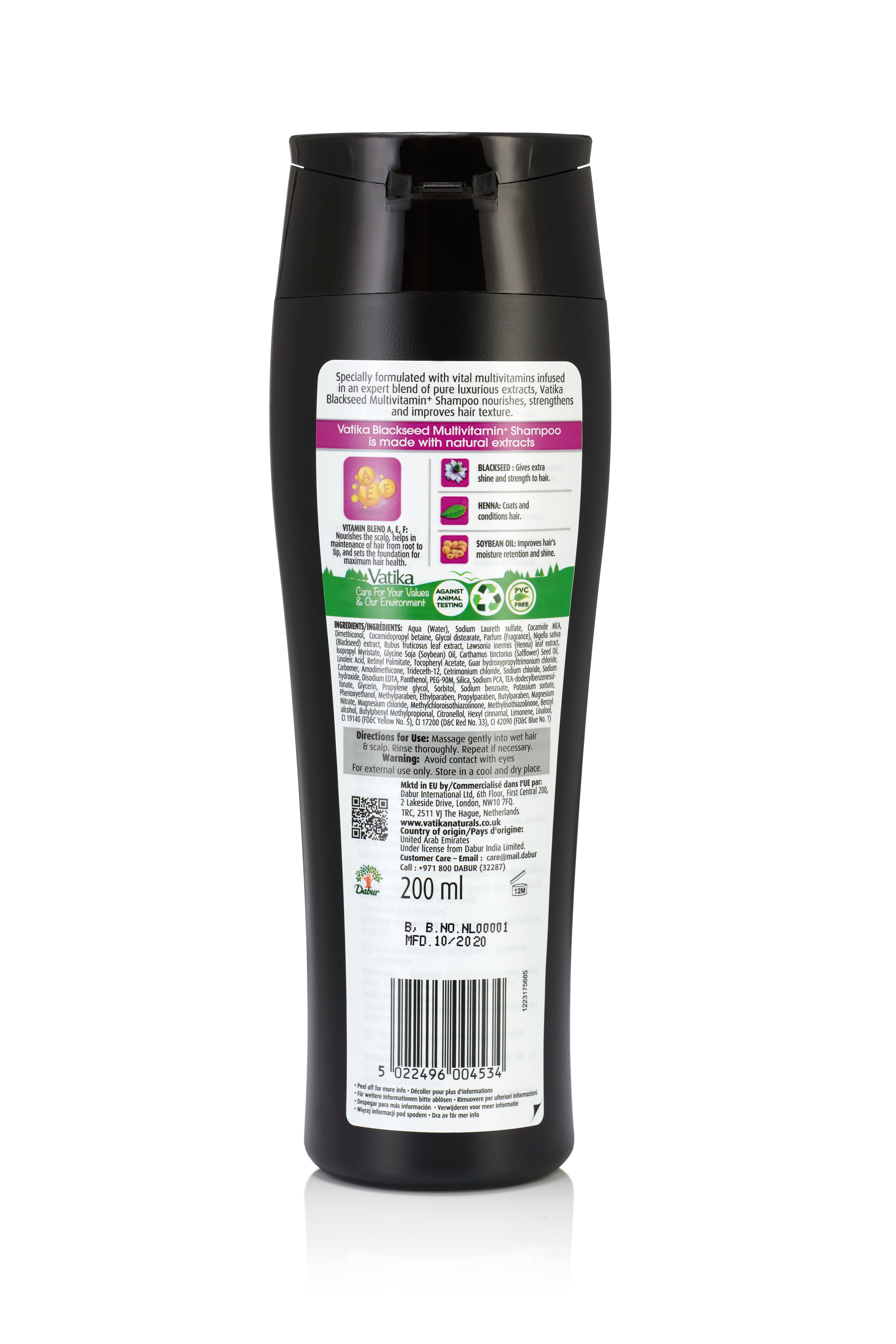 Dos d'un flacon de shampooing noir. Informations textuelles, ingrédients, code QR et symboles de recyclage. 200 ml.