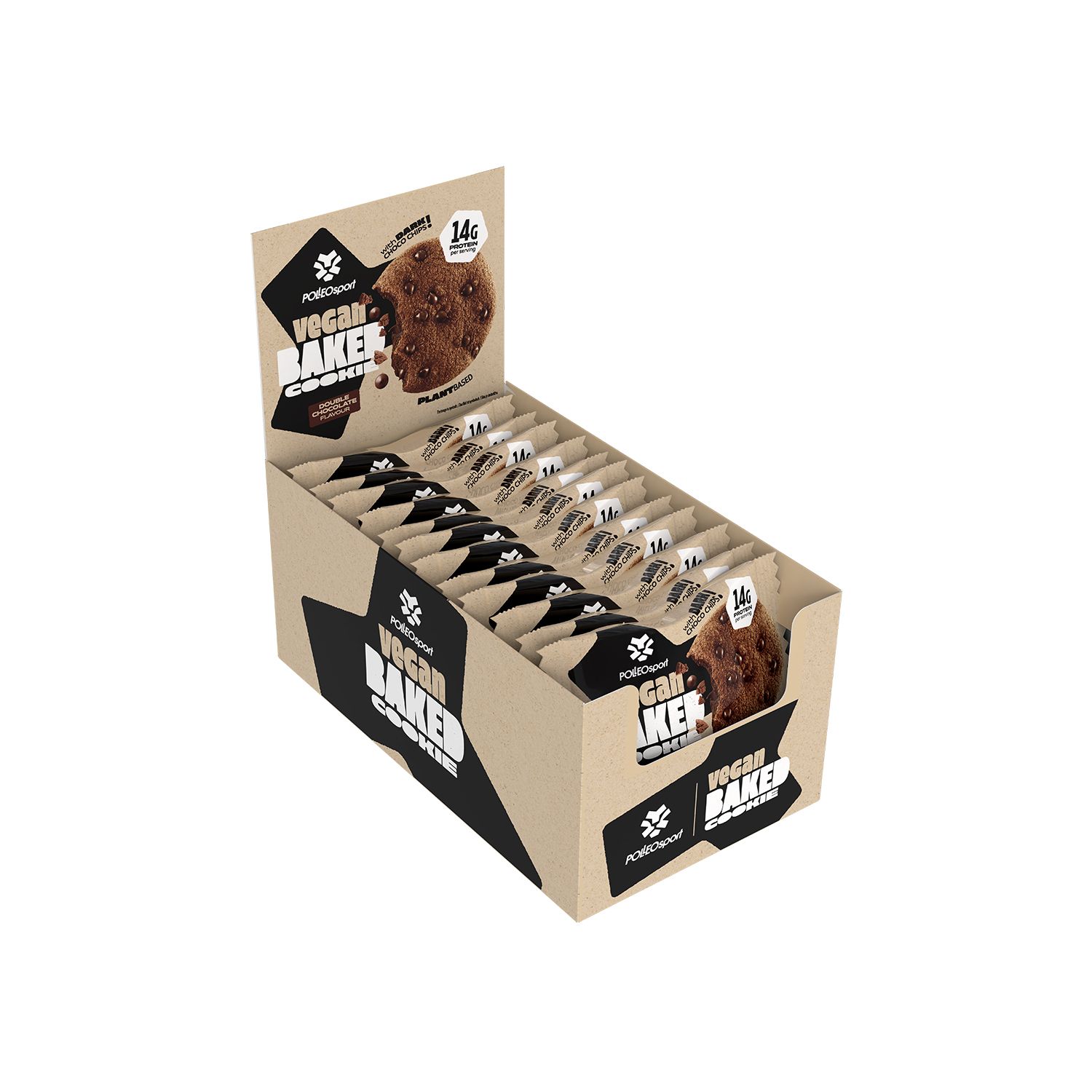Doos met 15 individueel verpakte veganistische koekjes, chocoladestukjes.