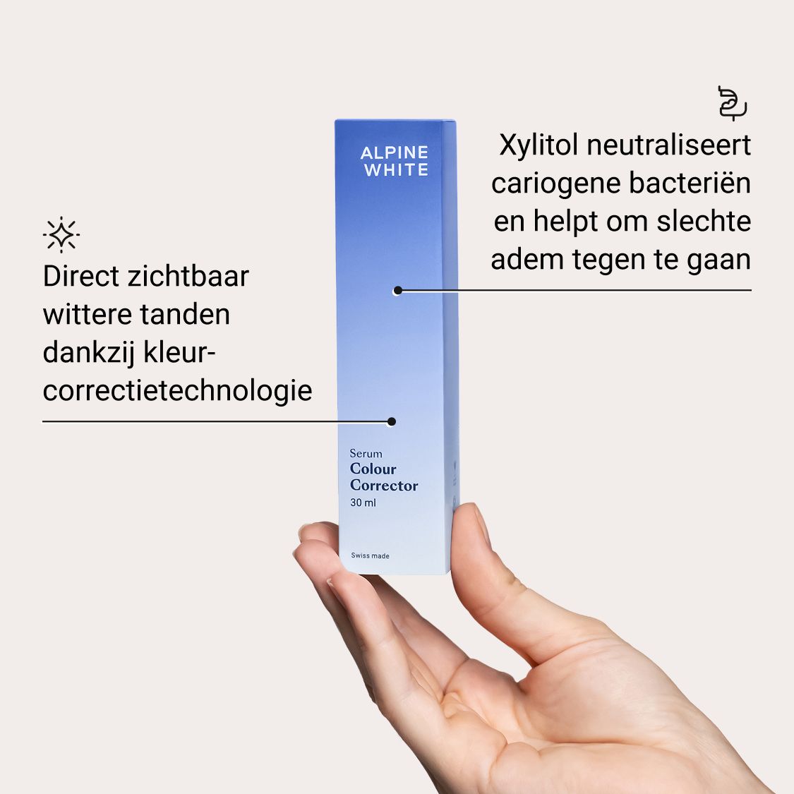 Hand houdt verpakking vast. Tekst: ALPINE WHITE, Serum Colour Corrector, 30 ml. Tekst en illustraties.