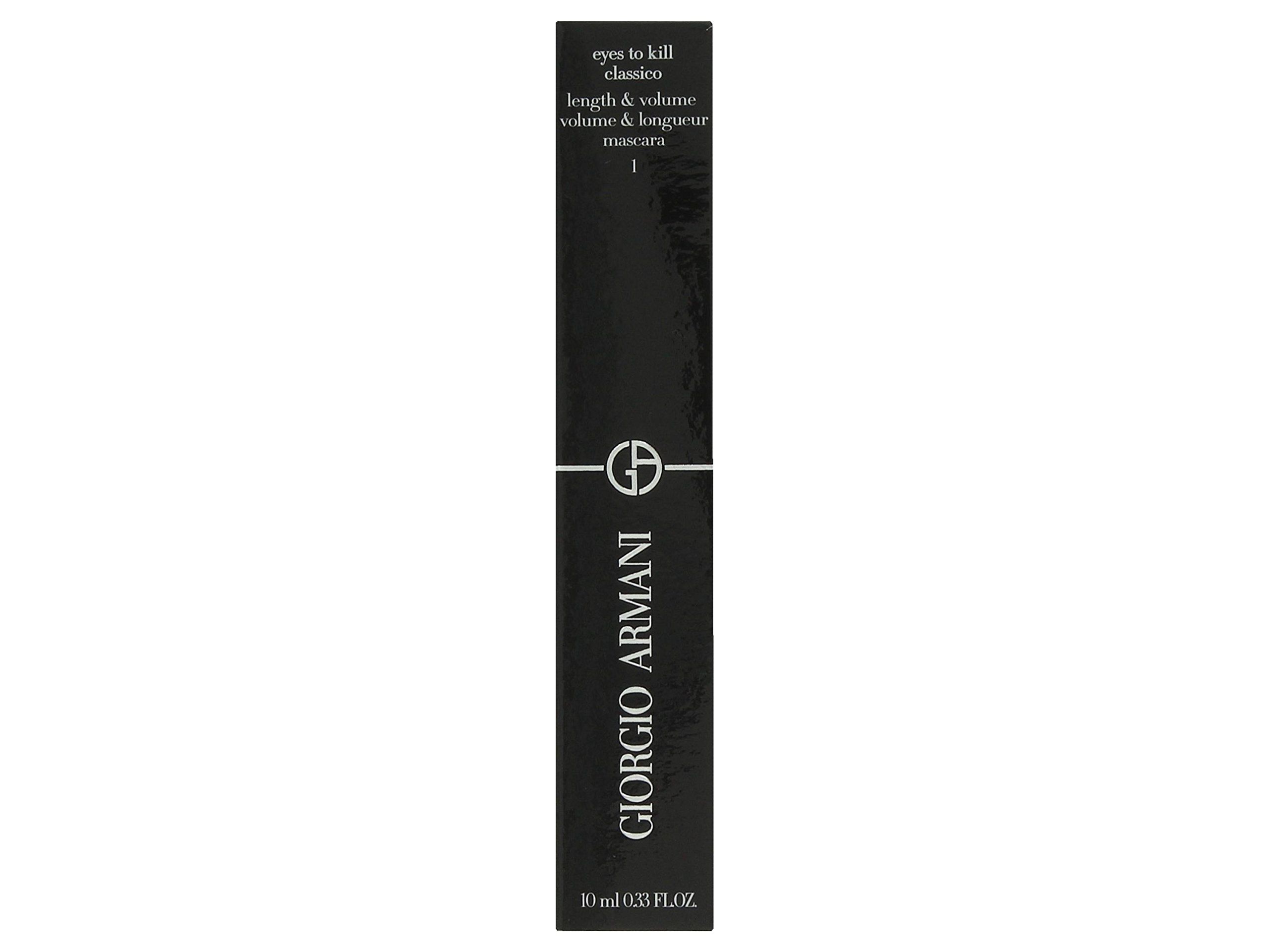 Emballage noir avec texte blanc. Giorgio Armani Eyes To Kill Classico Mascara.
