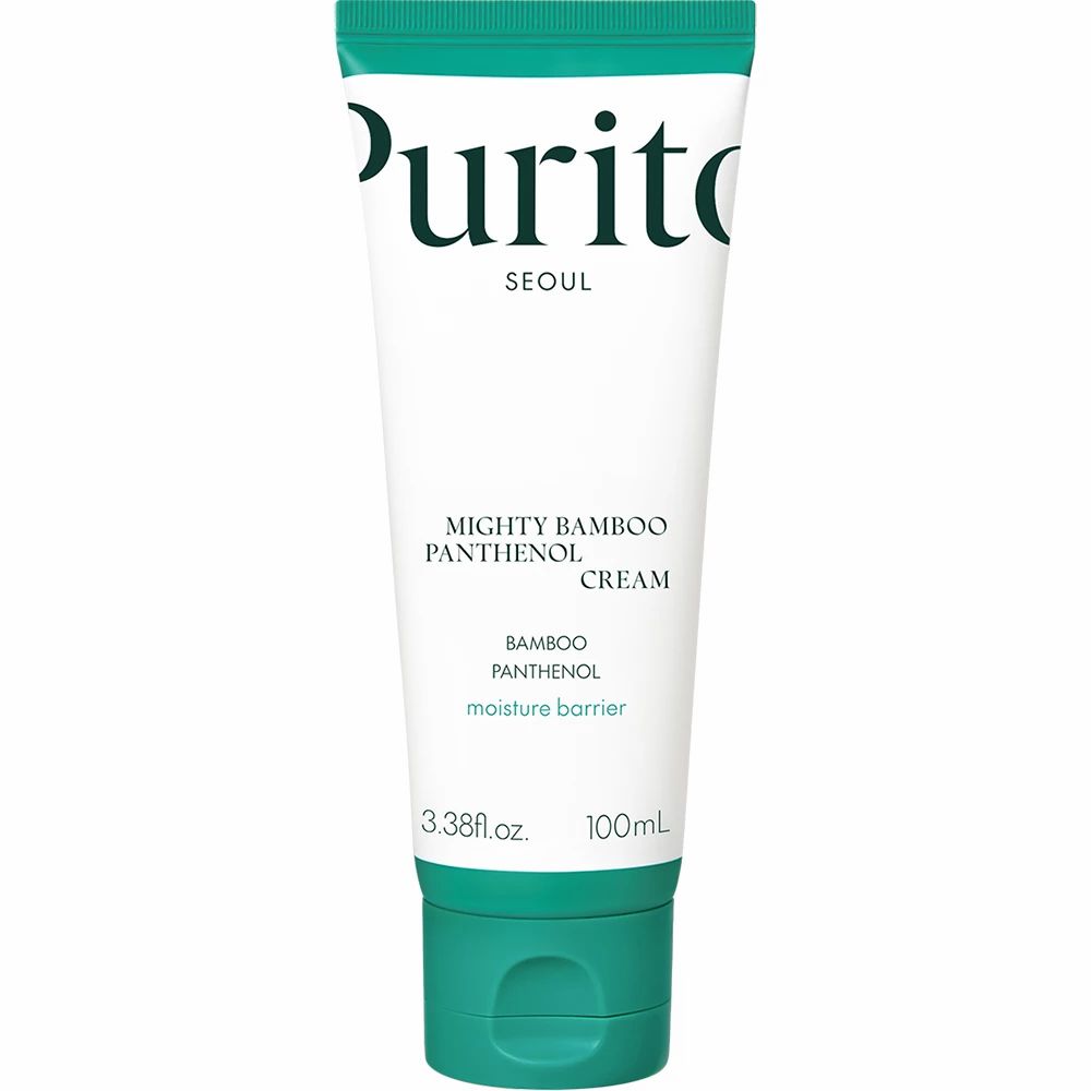 Tube blanc avec bouchon vert. Inscription : Purito, Seoul, Mighty Bamboo Panthenol Cream. 3.38 fl.oz. 100ml.