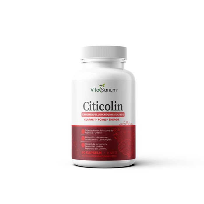 Witte fles met rood etiket. Opschrift: VitaSanum Citicolin, helderheid, focus, energie. 60 capsules.