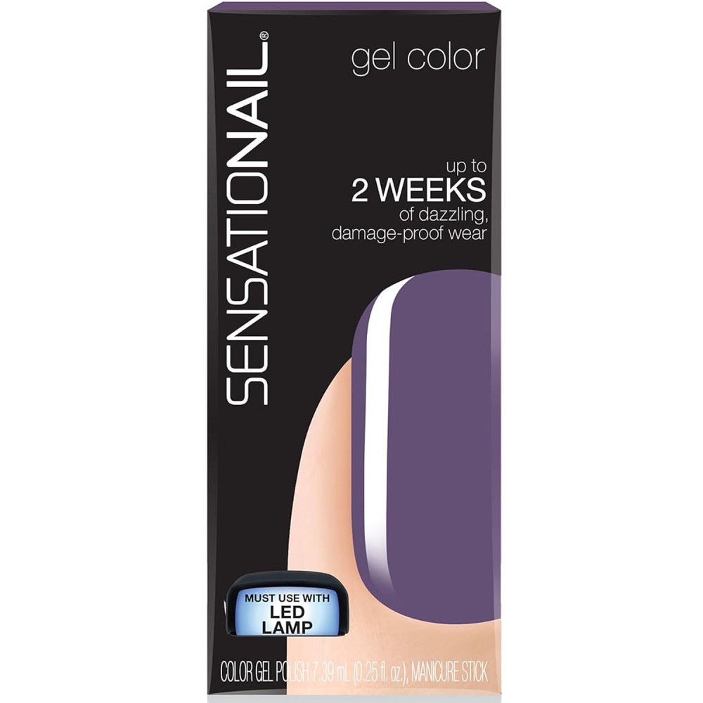 Emballage de vernis gel Sensationail. Montre un ongle violet. Texte: 2 semaines de tenue.