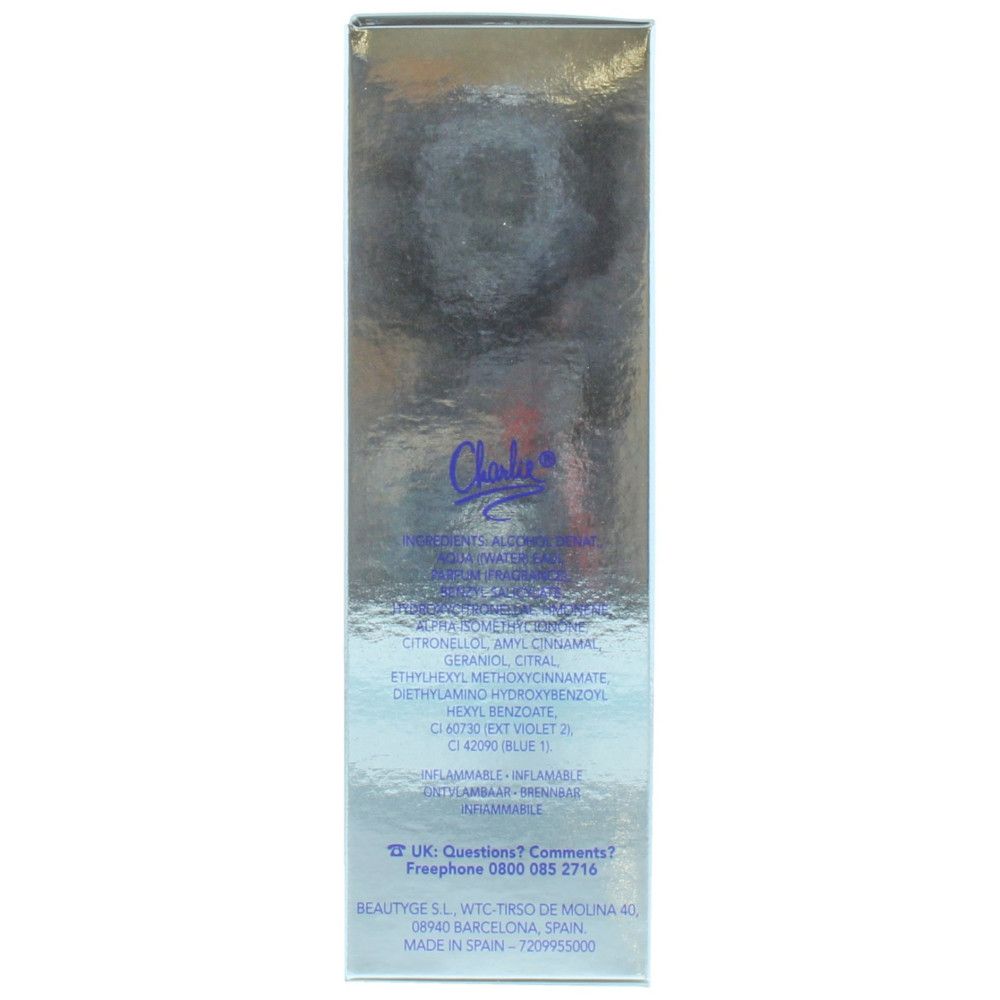 Achterkant doos met ingrediënten en contactgegevens. Tekst: Charlie, ingrediënten, Beautyge S.L., Made in Spain.