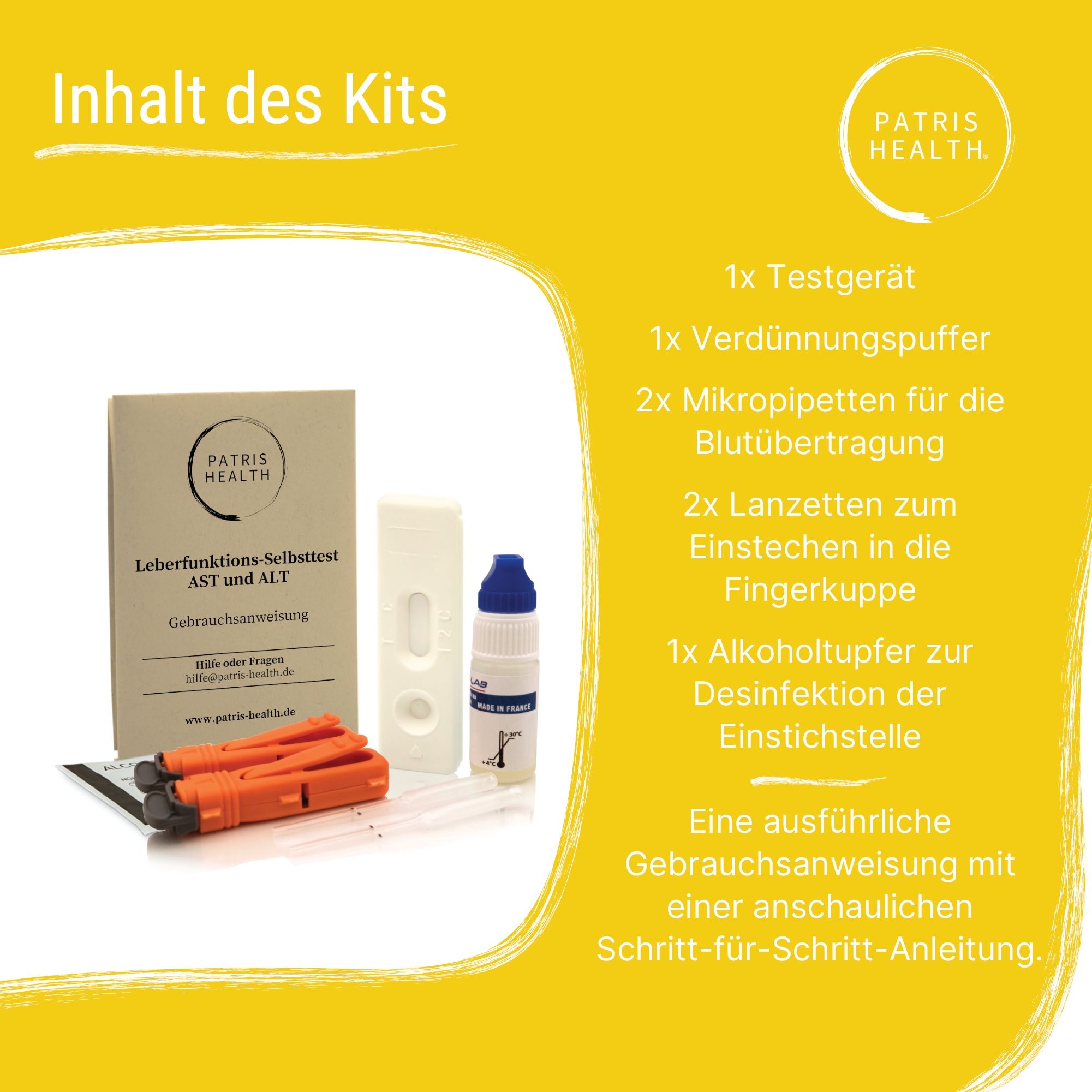 Gele achtergrond. Patris Health logo. Inhoud van de kit: tester, verdunningsbuffer, micropipetten, lancetten, alcoholdoekje, instructies.
