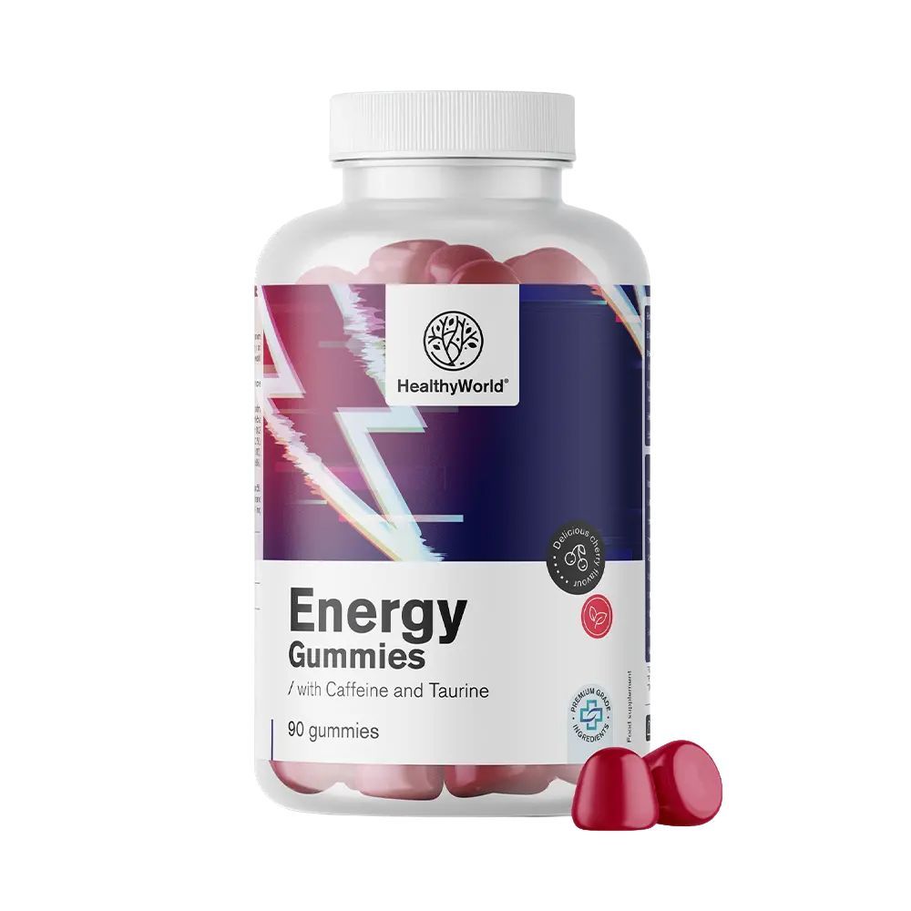 Bouteille de 90 gommes énergétiques, rouges, avec caféine et taurine.