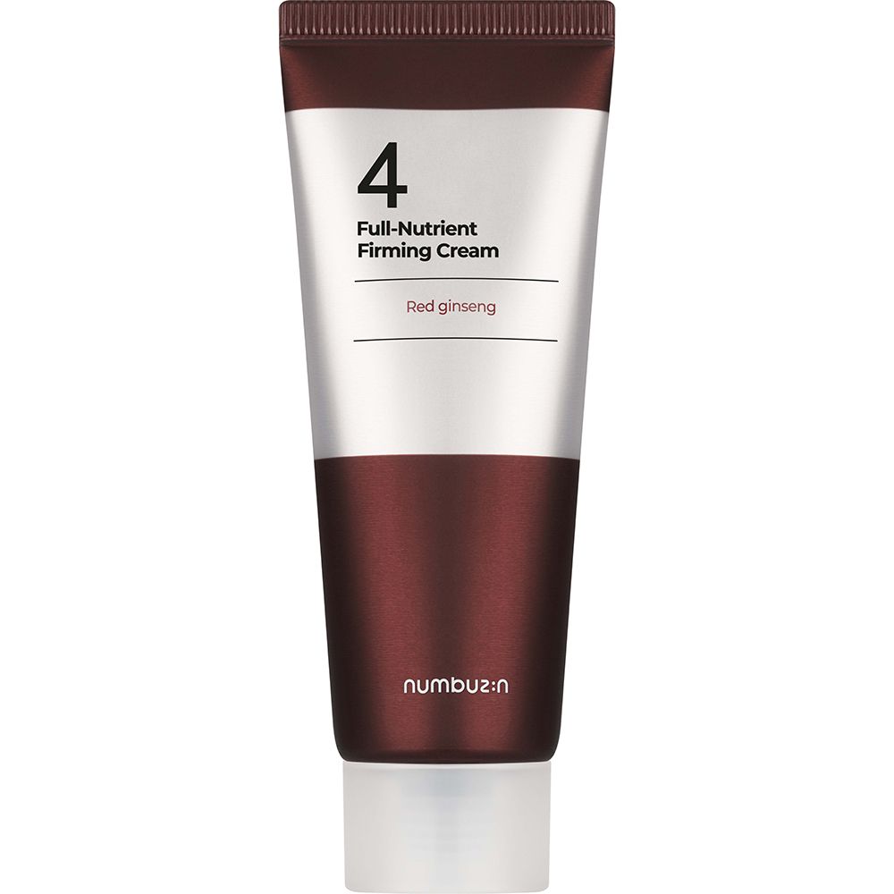 Tube de crème marron et argenté. Inscription : 4, Full-Nutrient Firming Cream, Red ginseng. Marque : numbuz:in.