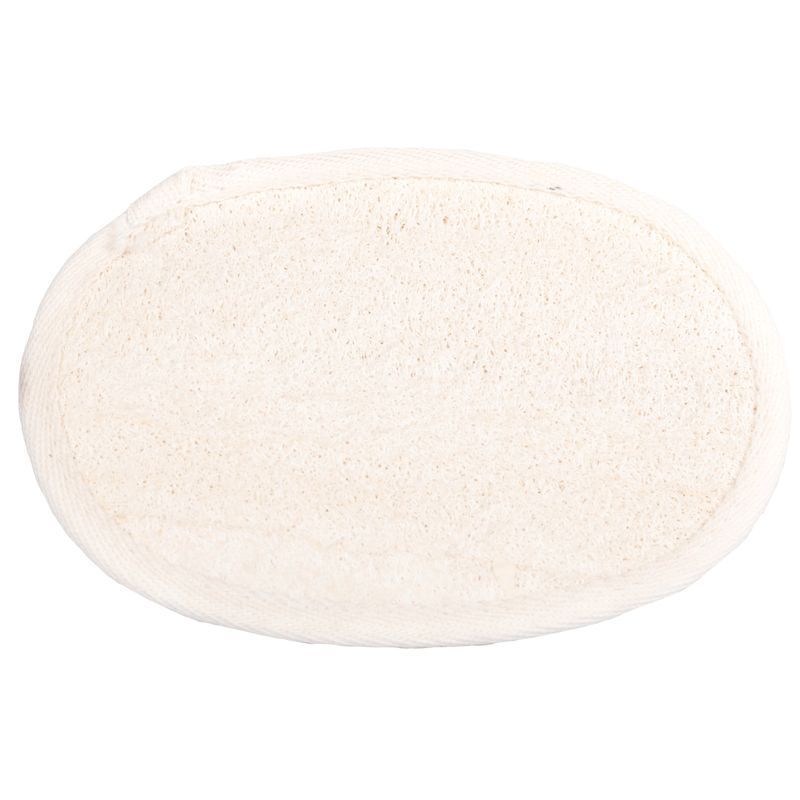 Ovale, beige luffa spons. Grof poreus oppervlak met afgeronde randen.