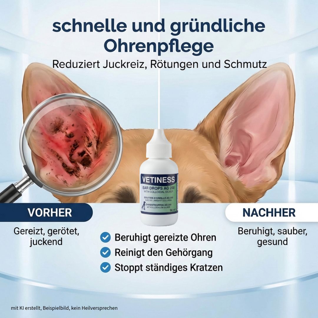 Flacon de gouttes auriculaires devant des oreilles de chien. Vue agrandie d'une oreille avec démangeaisons. Texte: Soin des oreilles rapide et complet.