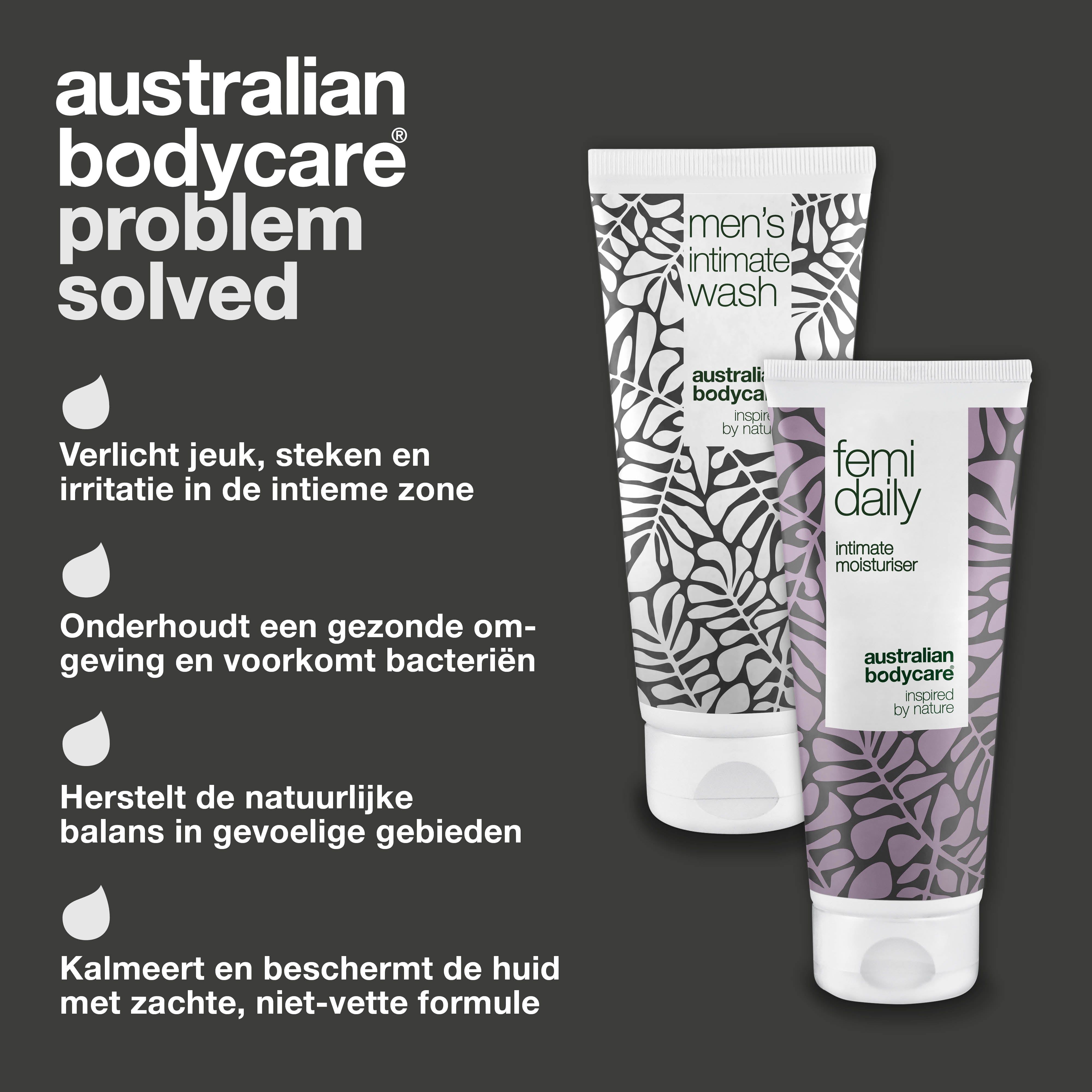 Intieme wasgel en moisturizer. Tekst: Australian Bodycare Probleem Opgelost. Voordelen opgesomd.