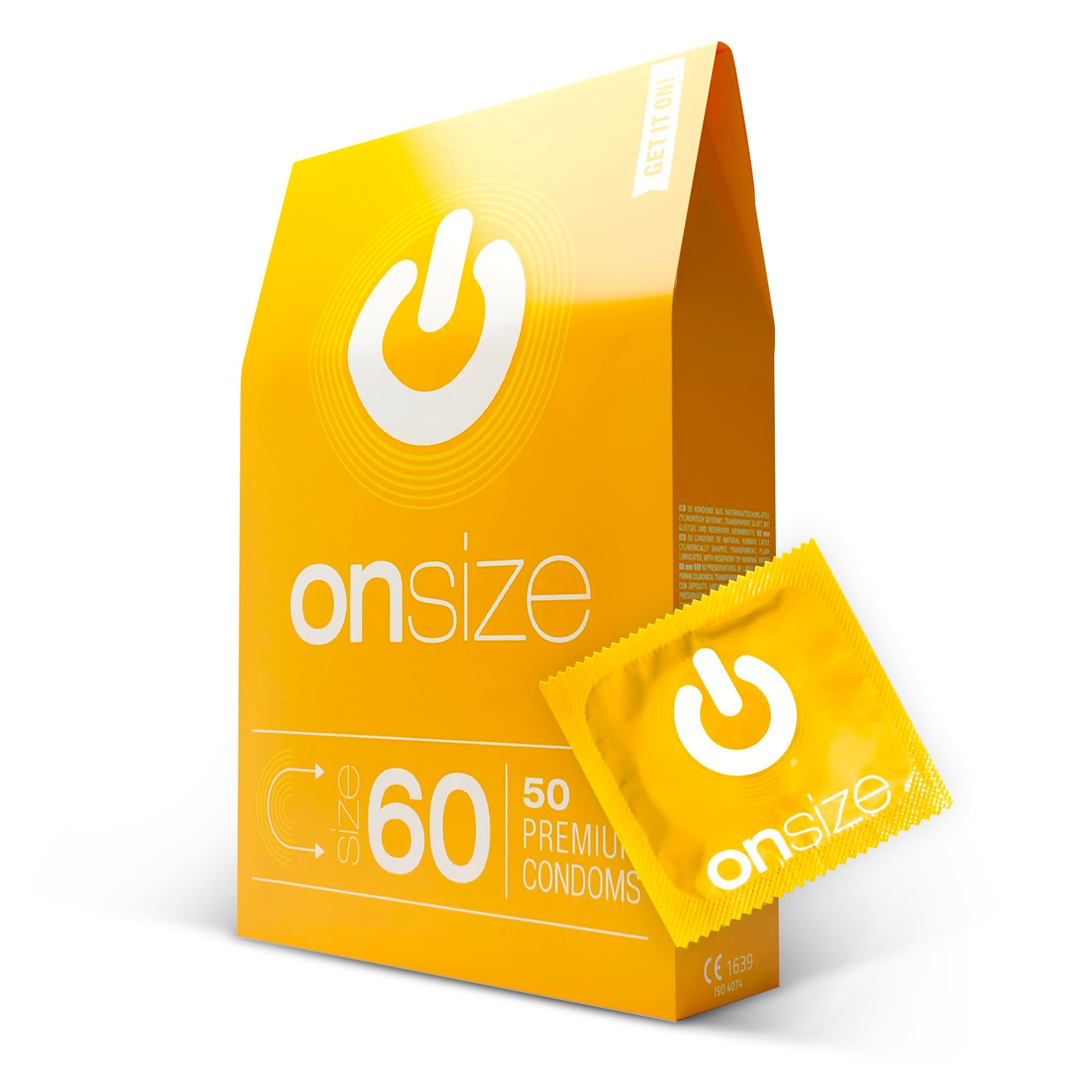 Verpakking en individueel verpakt condoom met ONsize logo.
