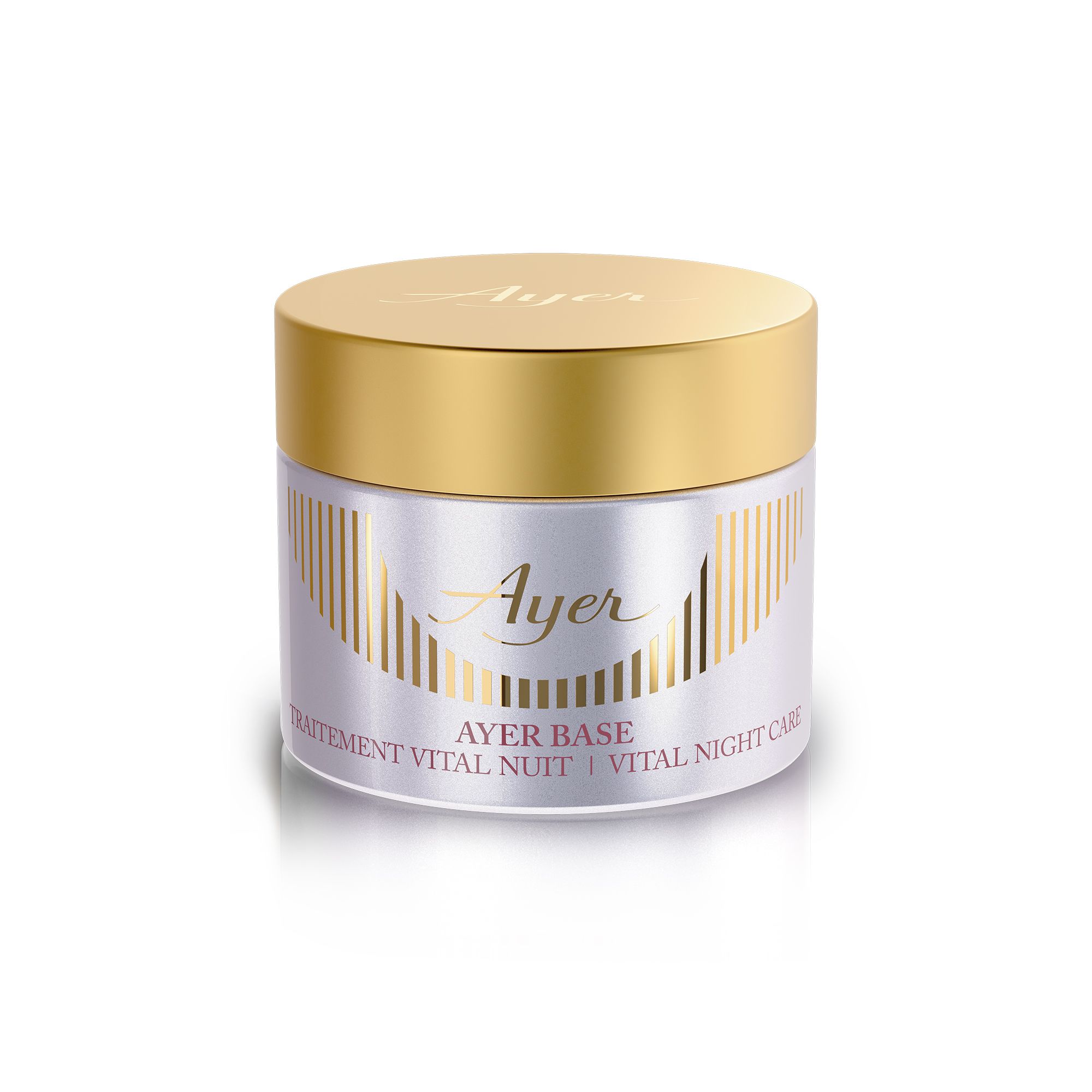 Crèmepot met gouden deksel. Opschrift "Ayer" en "AYER BASE TRAITEMENT VITAL NUIT | VITAL NIGHT CARE".