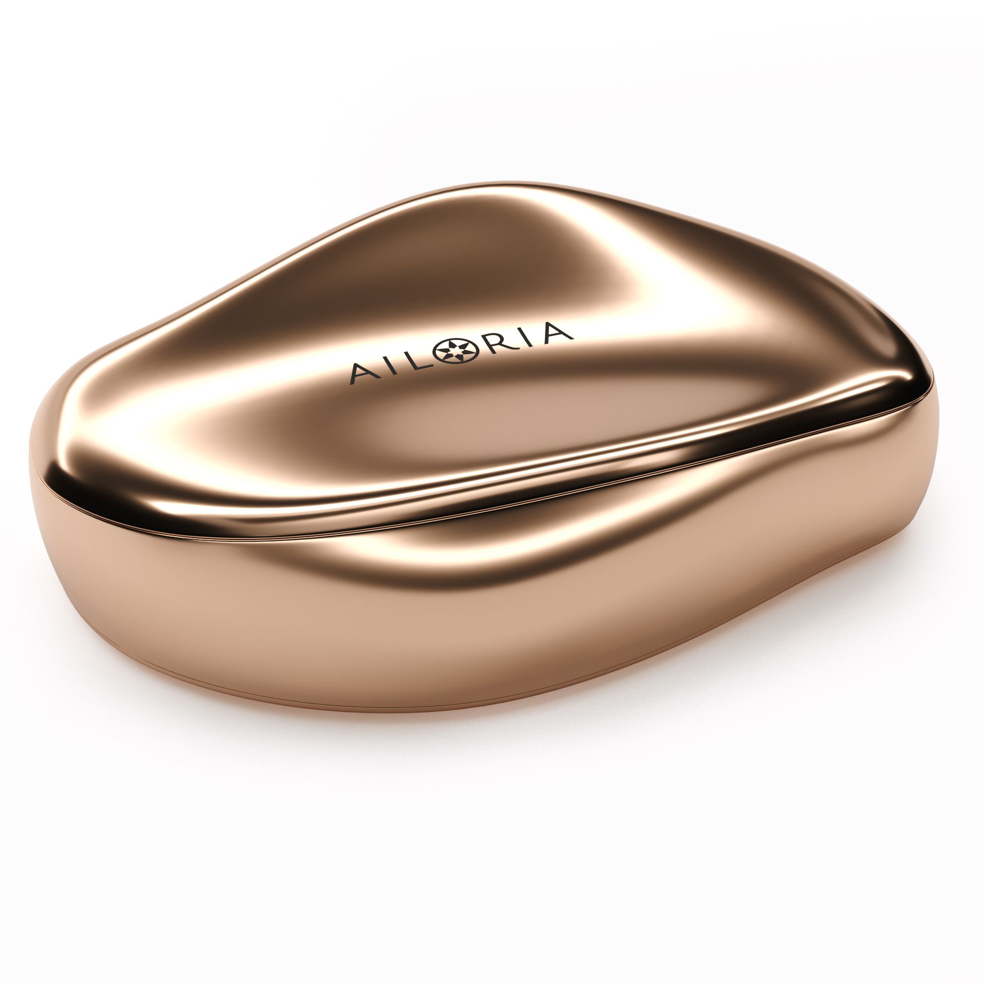 Étui ovale doré avec logo. Surface brillante. Forme arrondie.