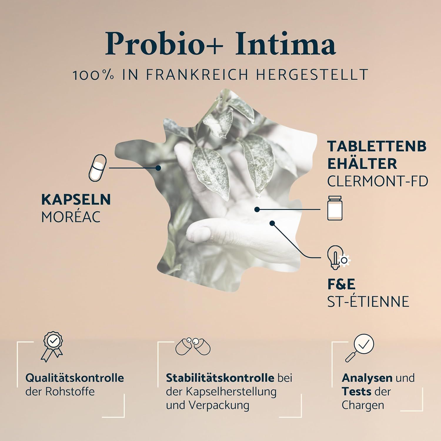 Infographie : Fabrication française d'Apyforme Probio+ Intima, avec contrôles qualité et analyses.