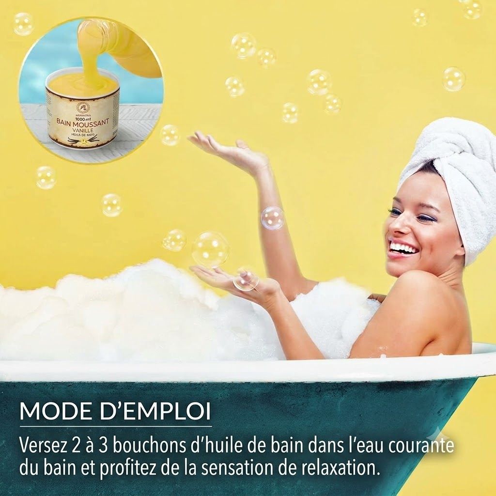 Un pot de bain moussant jaune et un bec verseur versant le produit dans une baignoire.