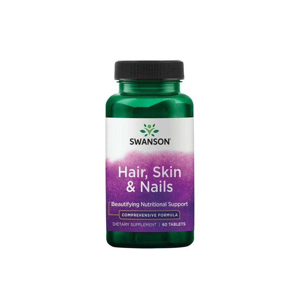 Flacon vert avec bouchon noir. Inscription: SWANSON, Hair, Skin & Nails. Complément alimentaire pour cheveux, peau et ongles. 60 comprimés.