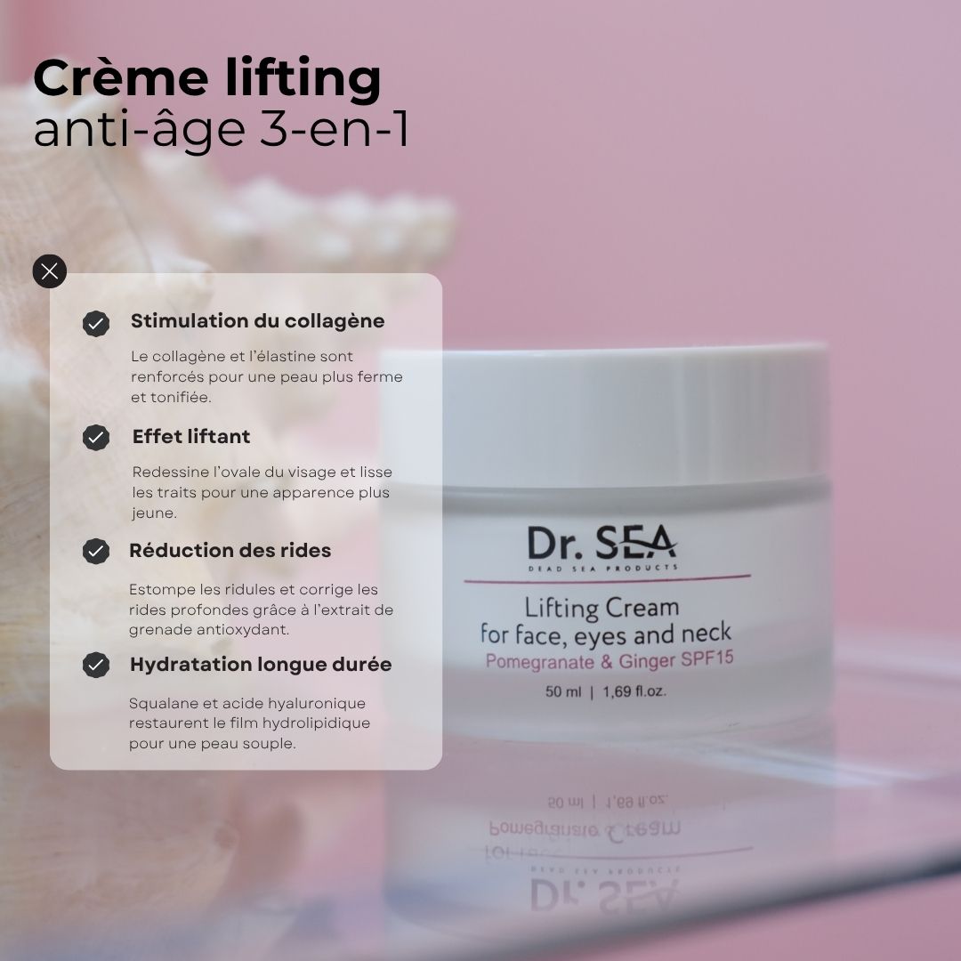 Pot de crème avec texte. Inscription : Dr. SEA, Lifting Cream, pour le visage, les yeux et le cou. Grenade & Gingembre SPF15.