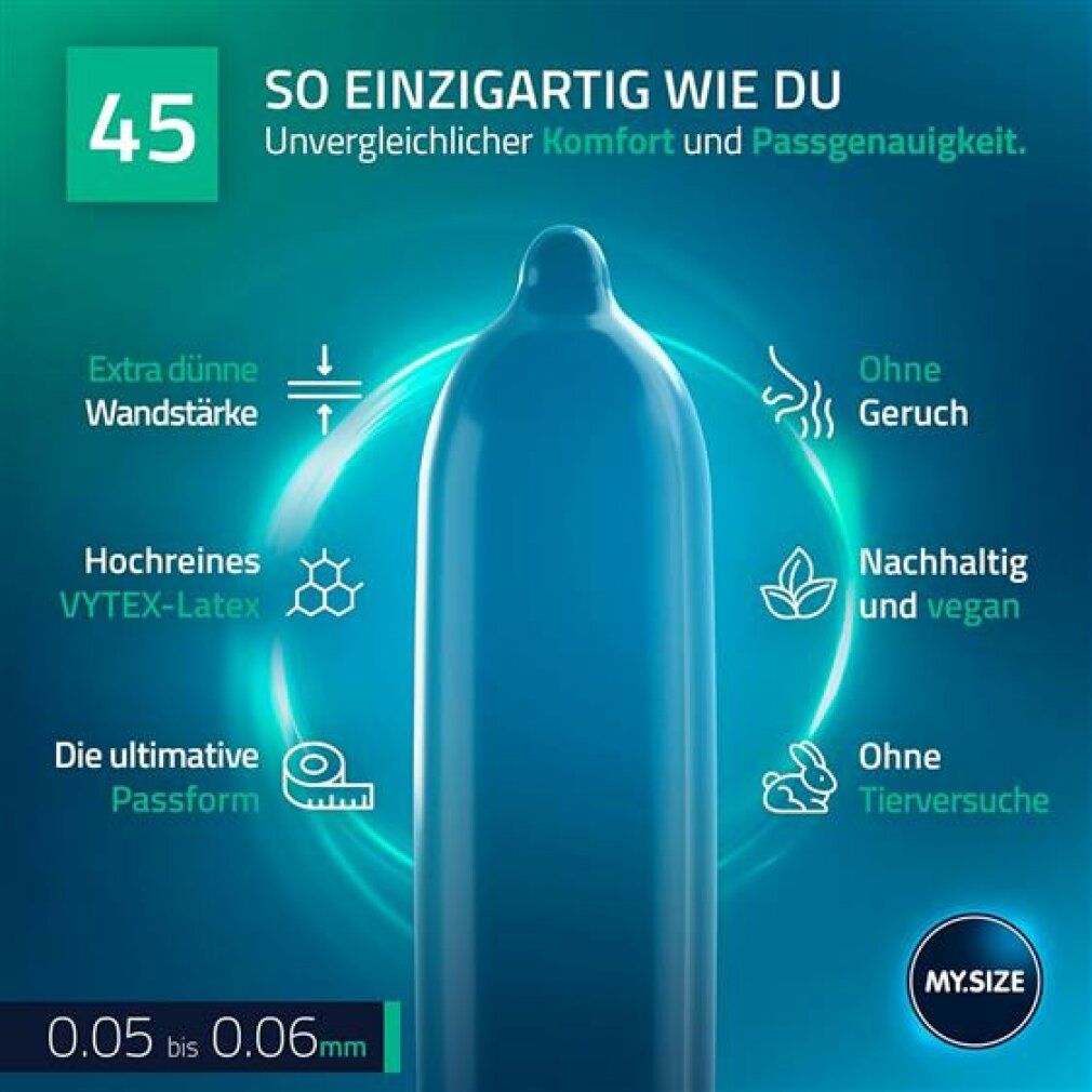 Préservatif bleu MY.SIZE PRO ELITE 45mm. Fin, sans odeur, vegan, en latex Vytrex.