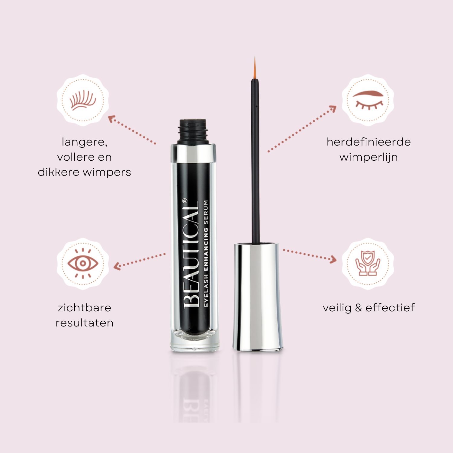 BEAUTICAL wimperserum. Zwarte fles met applicator. Zilveren dop. Voordelen.