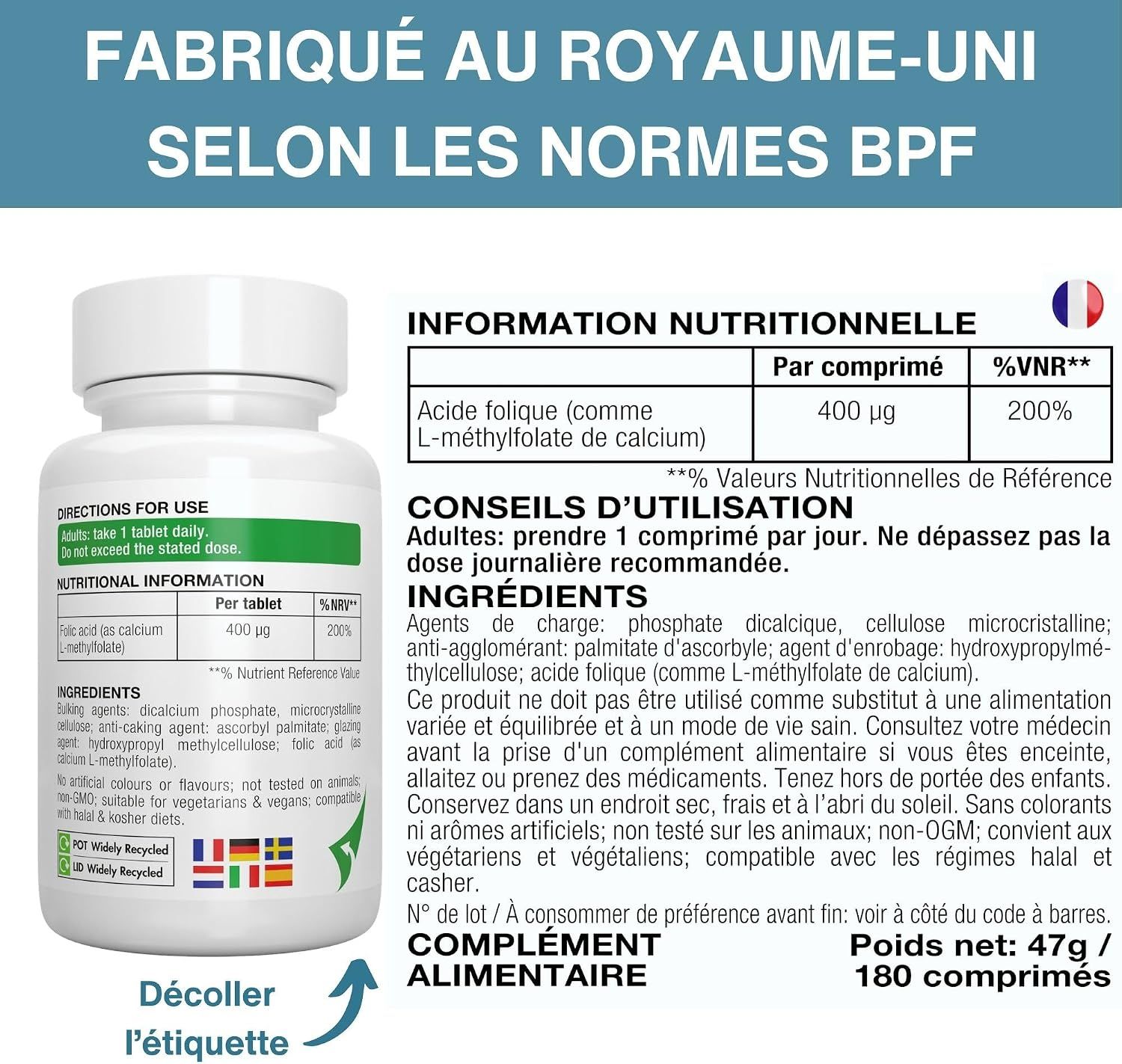 Igennus L-Methylfolate 400mcg. Fabriqué au Royaume-Uni selon les normes GMP.