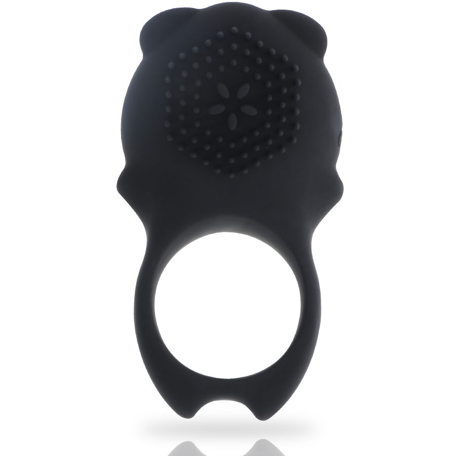 Vue frontale d'un vibrateur anneau noir avec télécommande. Le design rappelle un ours.