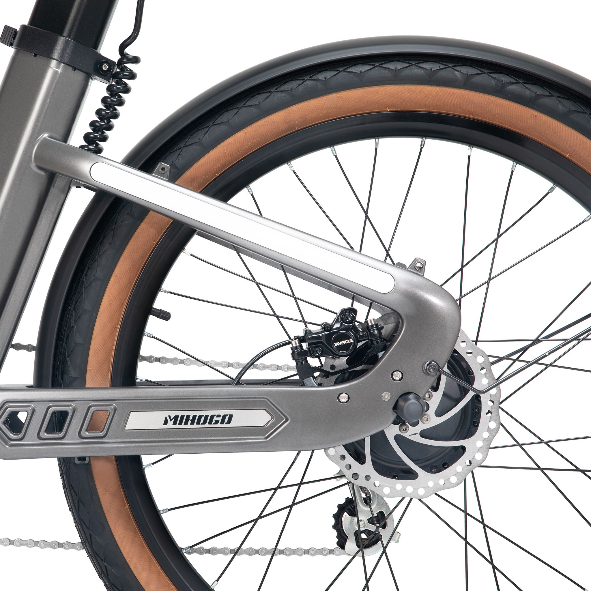 Roue arrière d'un vélo électrique. Cadre argenté, pneus noirs, frein à disque. Logo MIHOGO.