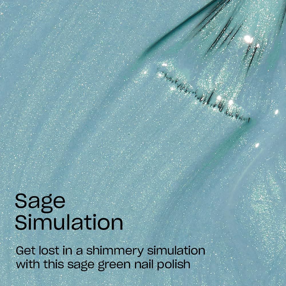 Close-up van nagellak met de titel 'Sage Simulation'. De lak is lichtgroen met glitter.