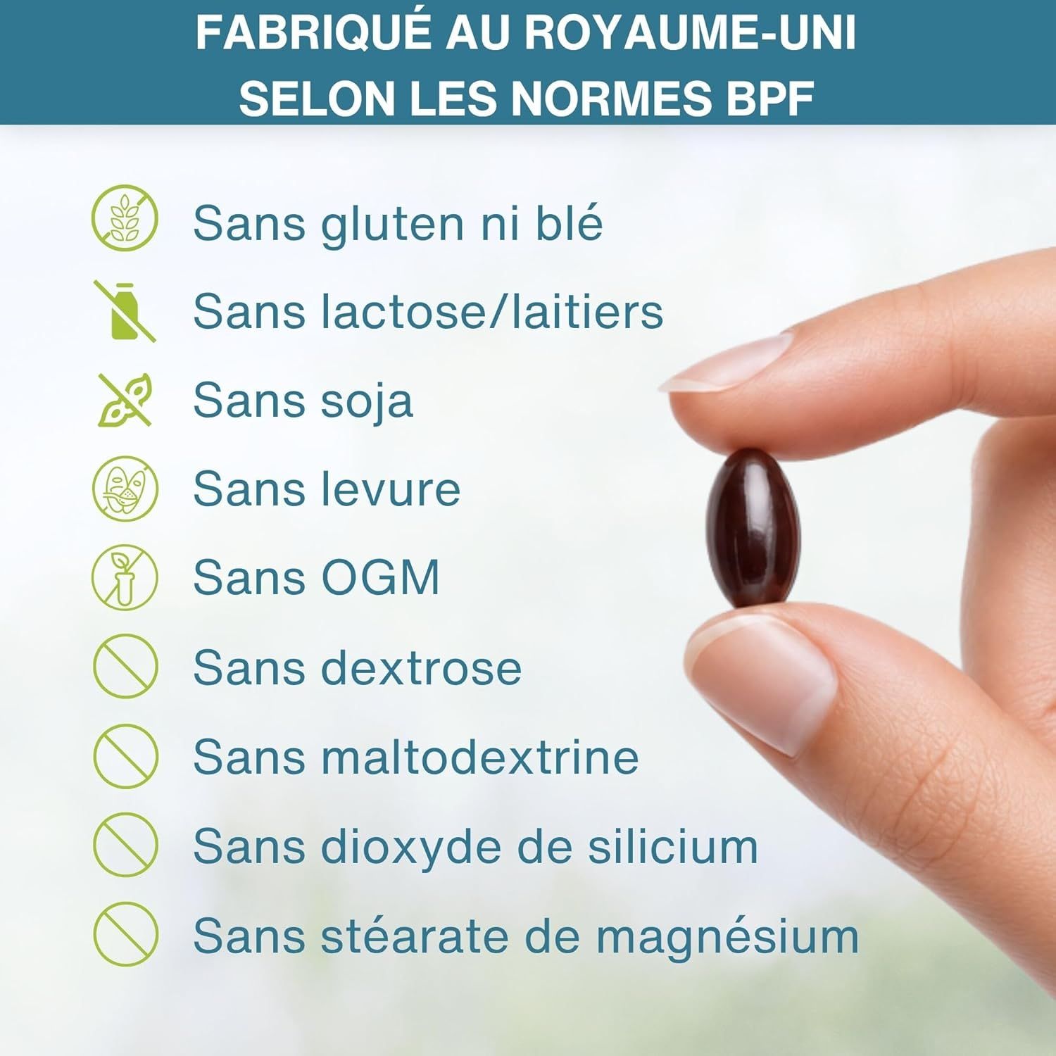 Main tenant une gélule foncée, liste des ingrédients sans additifs.