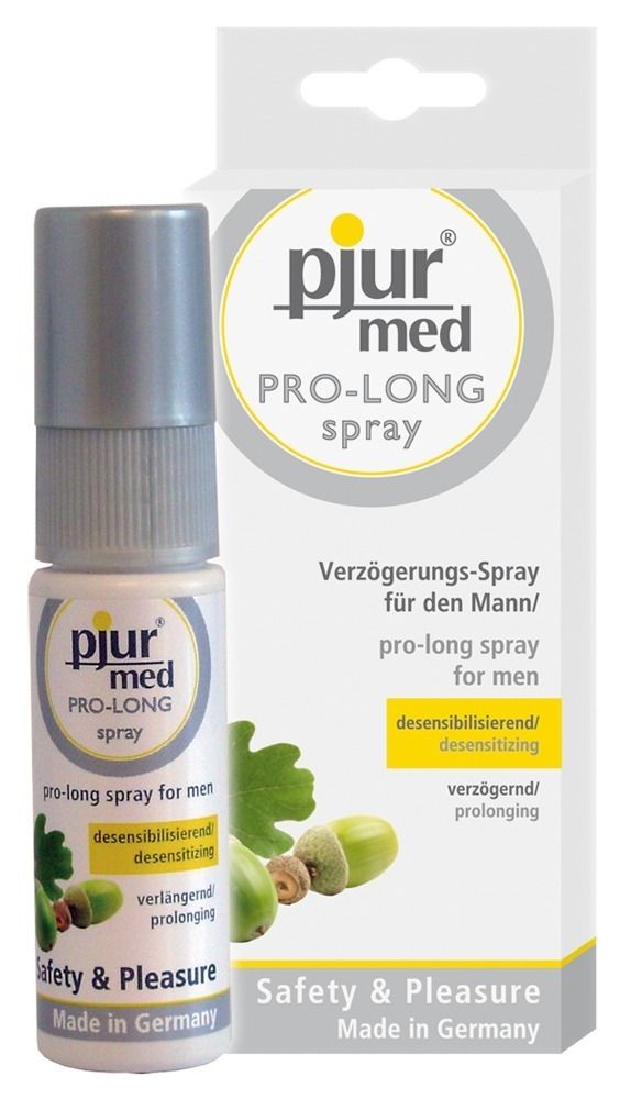 Fles en verpakking. Opschrift: pjur med PRO-LONG spray, vertragende spray voor mannen. Met verstuiver.