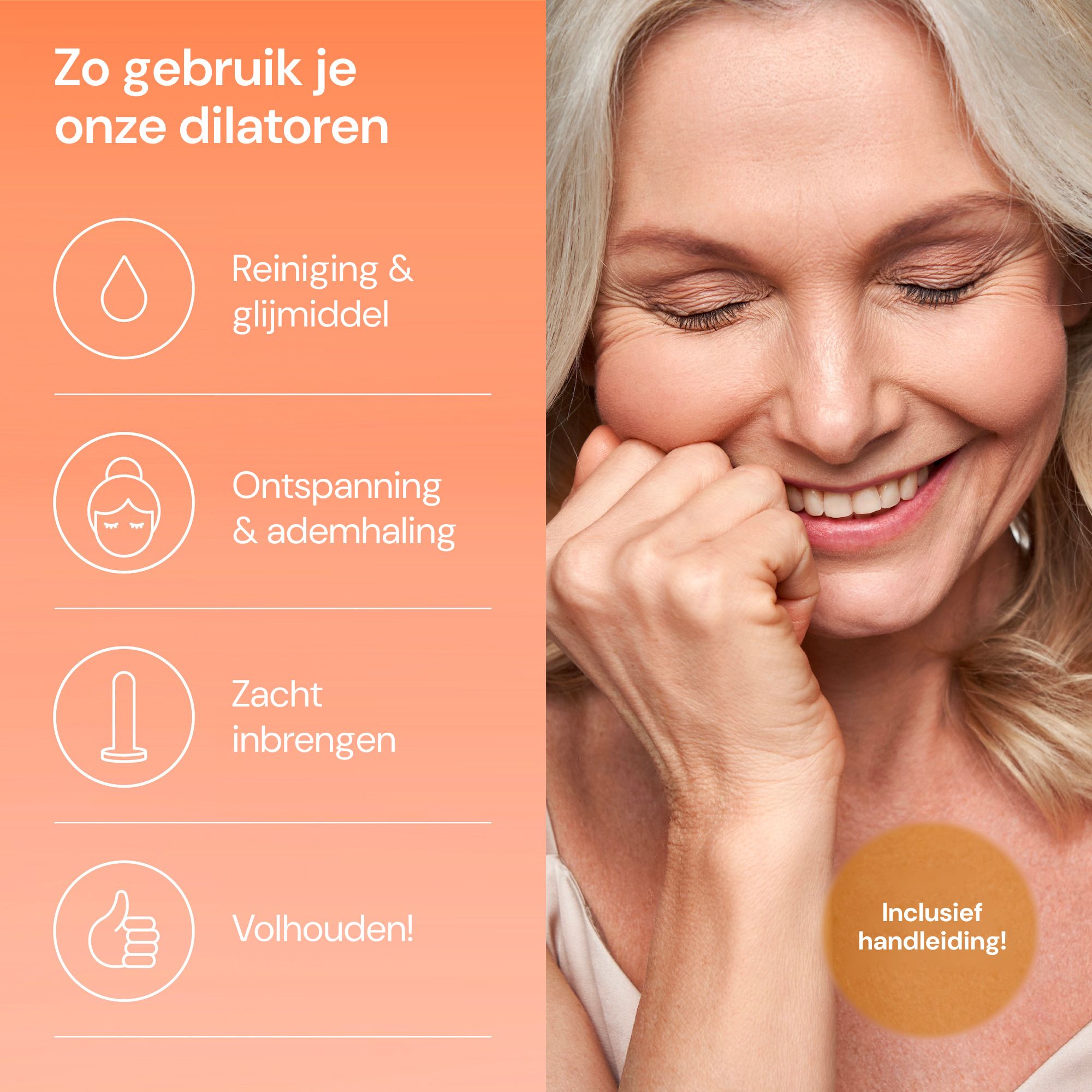 Vijf siliconen dilators in verschillende maten, met opbergzakje en handleiding.