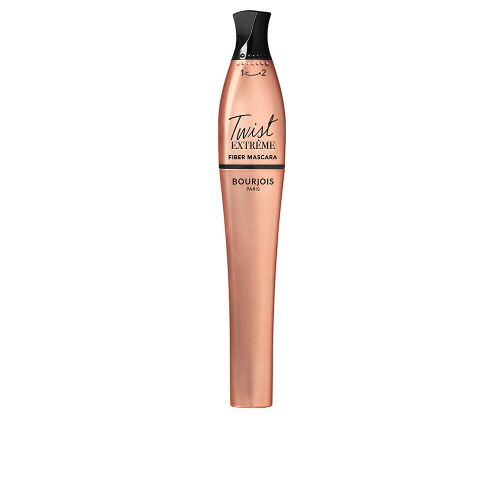 Bourjois Twist Extrême Fiber Mascara. Koperkleurige huls, zwarte dop. Tekst: Twist Extrême Fiber Mascara, Bourjois Paris.