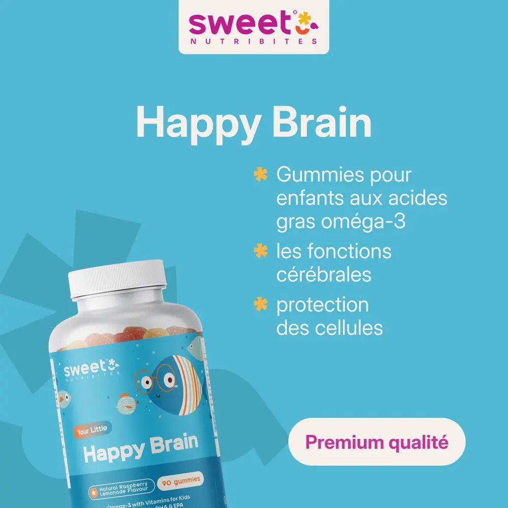 Flacon de gommes. Texte Happy Brain, gommes pour enfants avec oméga-3, fonctions cérébrales, protection des cellules.