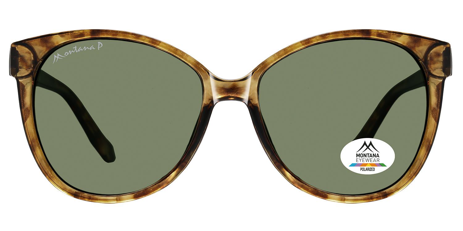 Lunettes de soleil avec monture marron et verres verts. Un autocollant sur un verre porte le logo Montana Eyewear et l'inscription 'Polarized'.
