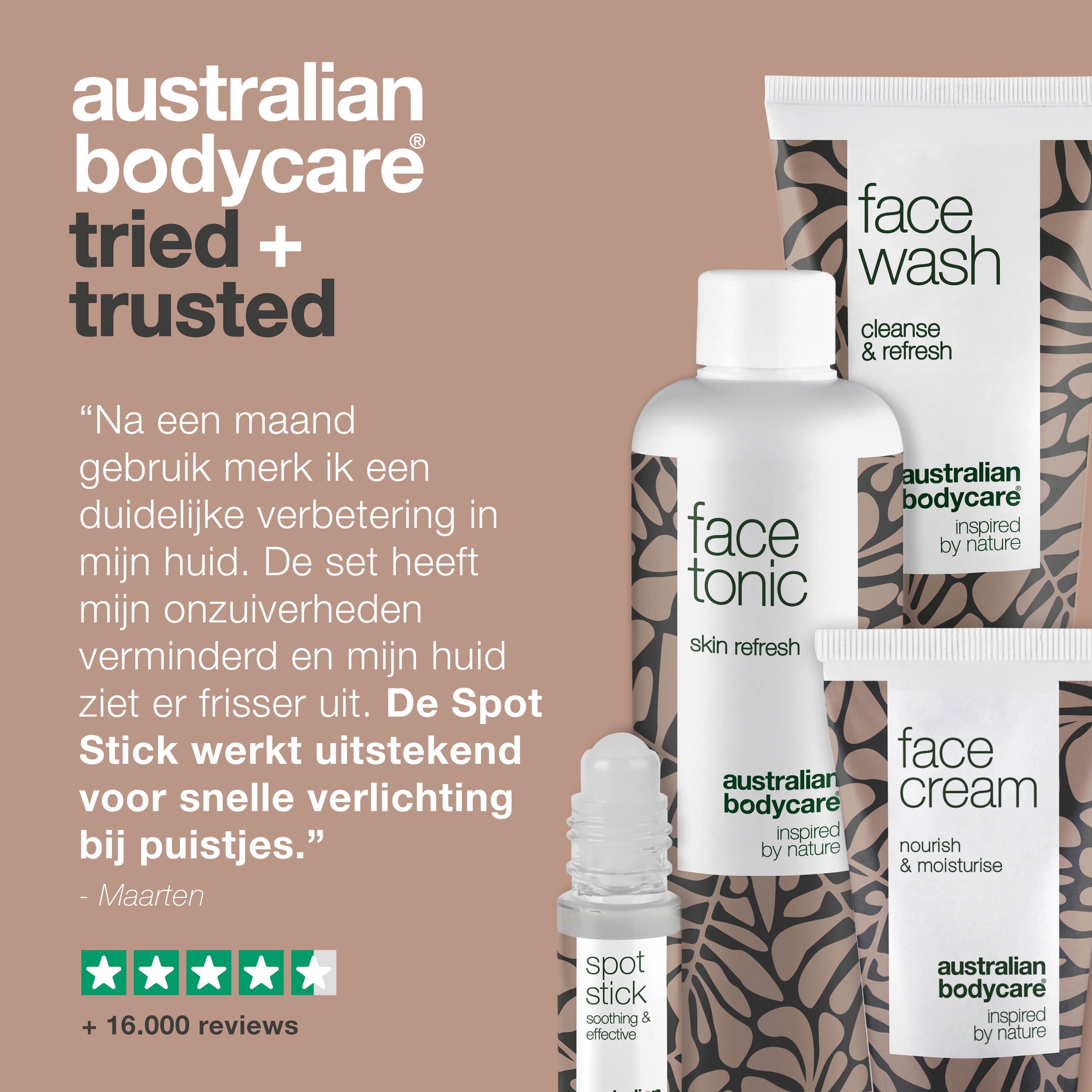 Set Face Wash, Face Tonic, Face Cream en Spot Stick. Tekst: Australian Bodycare. Klantenbeoordeling.