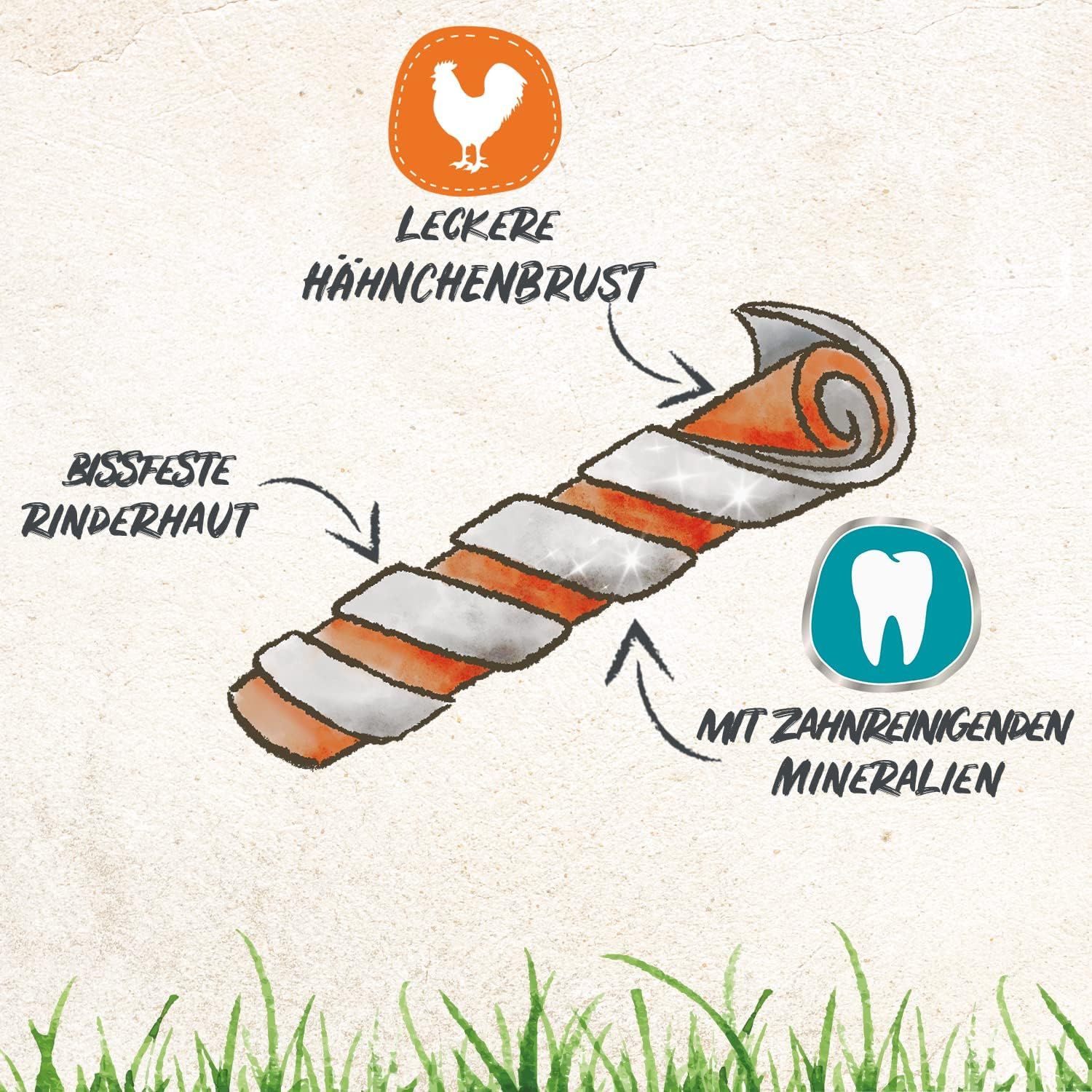 Gedraaide hondensnacks met kipfilet en runderhuid, verrijkt met mineralen voor tandverzorging.