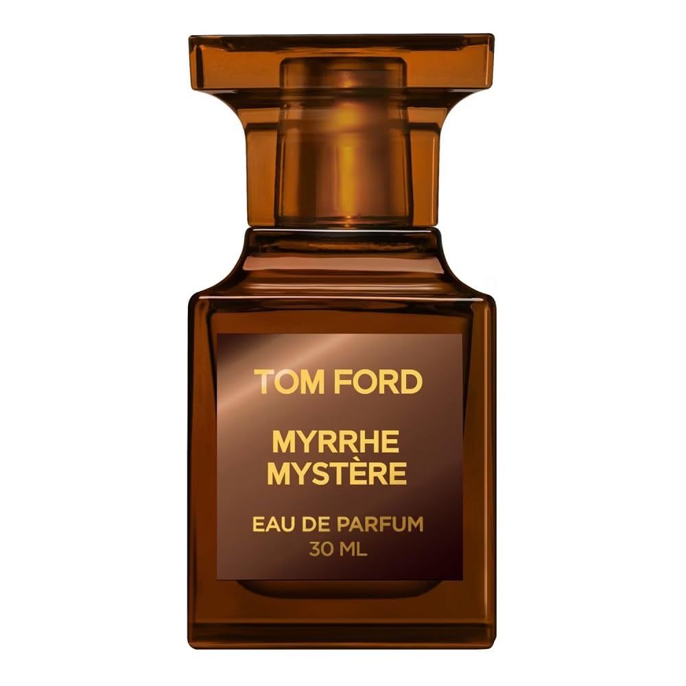 Bruine glazen fles met gouden dop. Opschrift: Tom Ford Myrrhe Mystère Eau de Parfum 30 ml.
