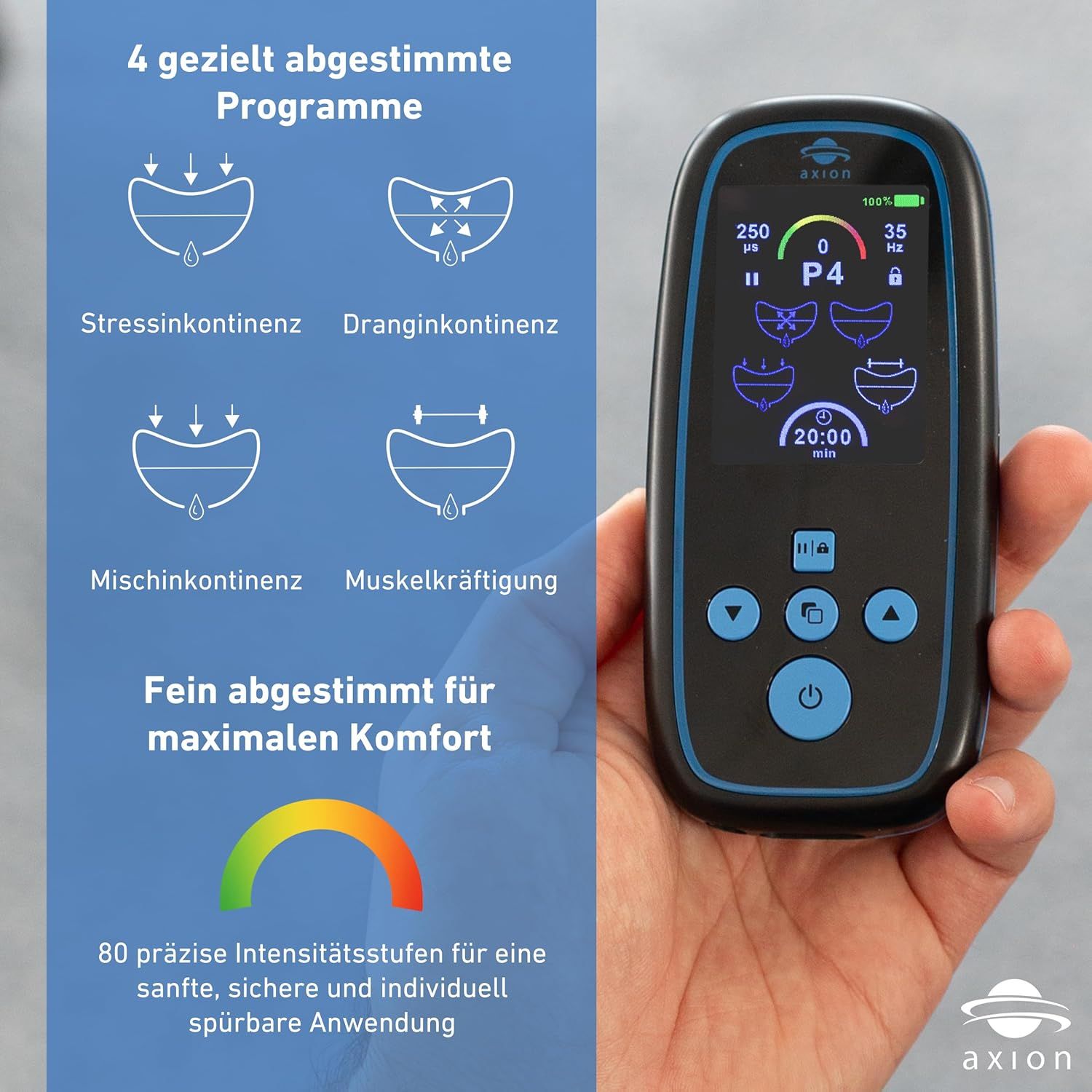 axion® I-3000-apparaat in hand. Vier symbolen voor programma's. Kleurverloop.