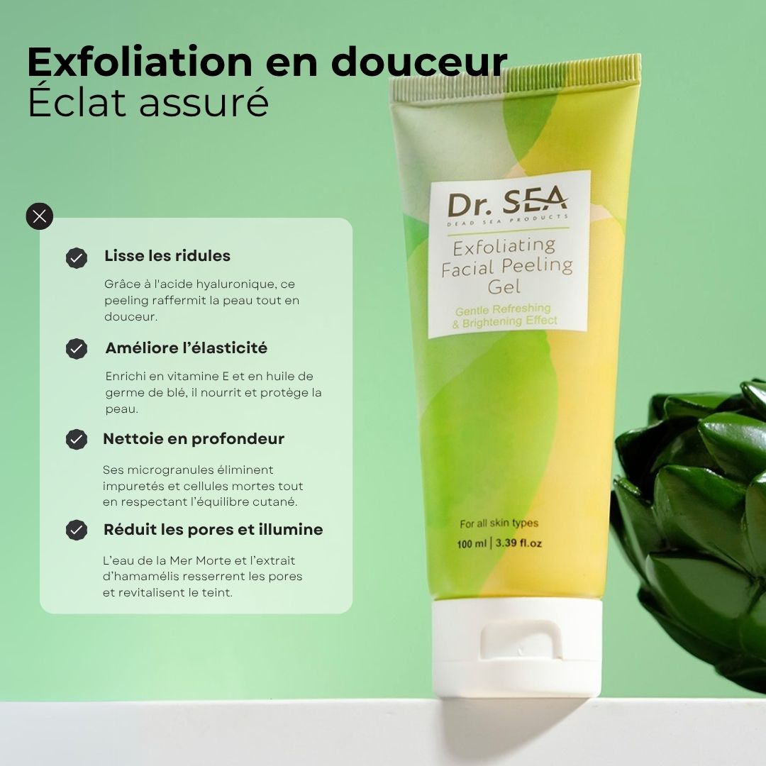 Tube de gel avec texte. Inscription : Dr. SEA, Exfoliant visage. Avec ingrédients et avantages.