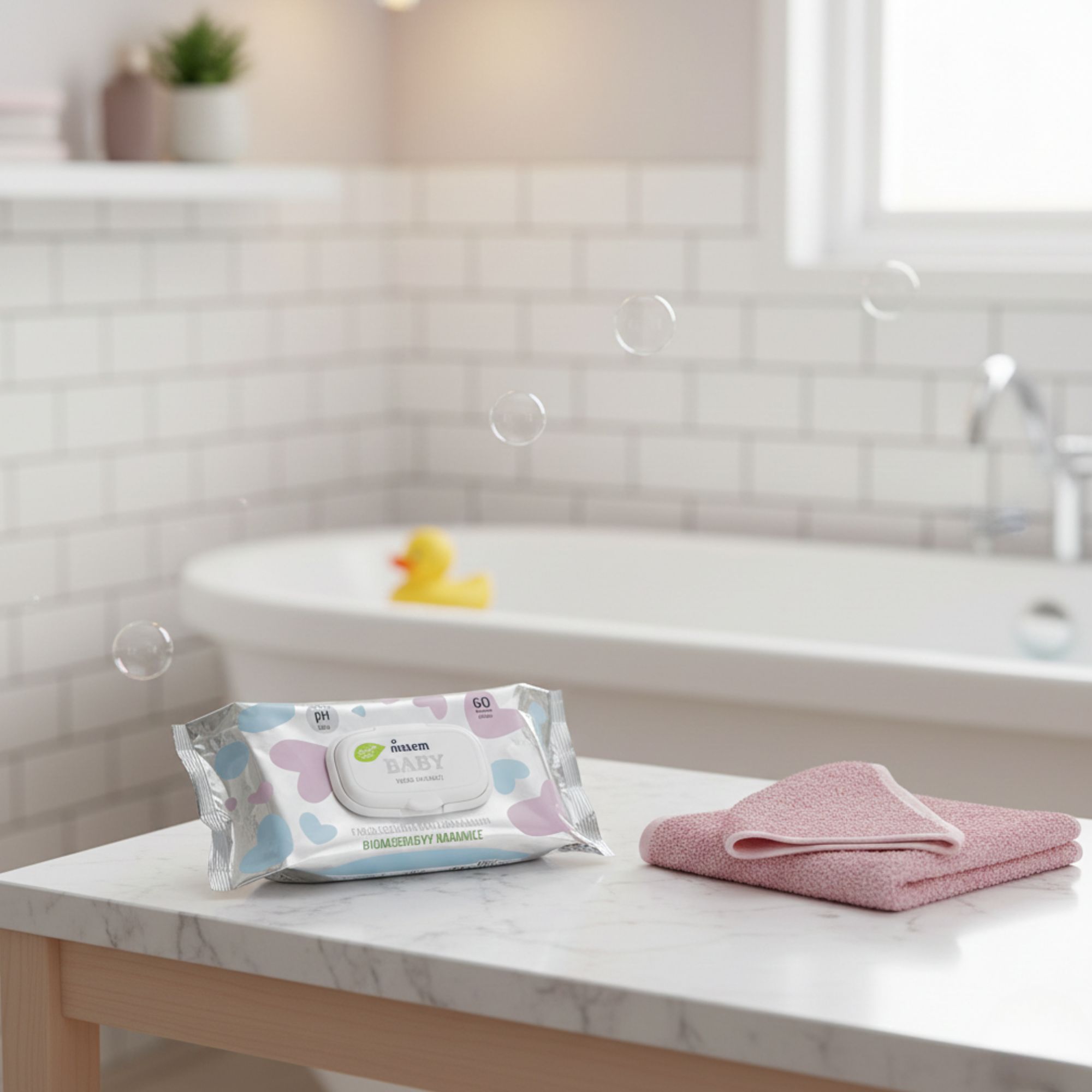 Paquet de lingettes sur table dans salle de bain. Serviette à côté. Inscription : Melem Baby.