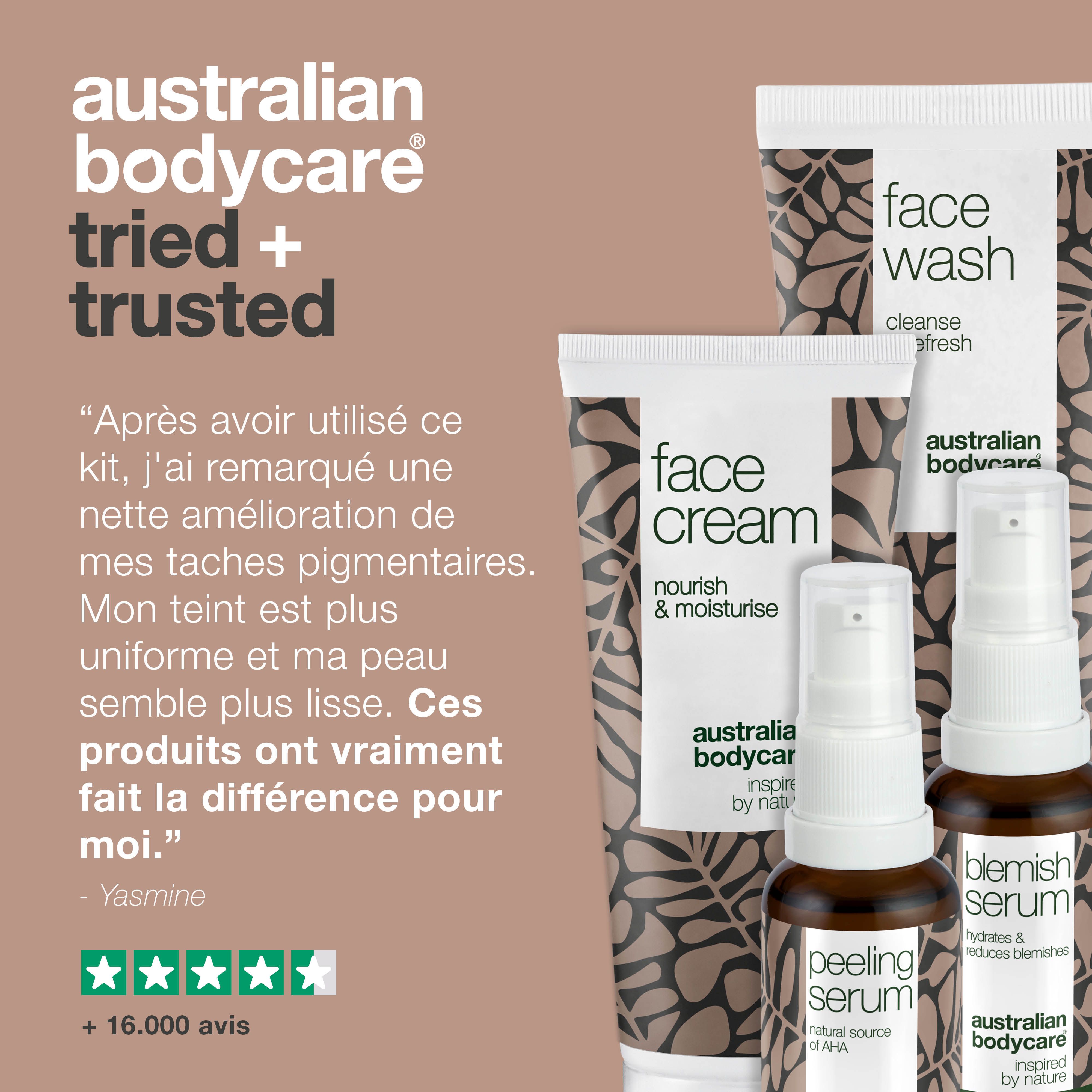 Face Wash, Face Cream, Peeling Serum et Blemish Serum. Texte : Australian Bodycare. Citations et étoiles.