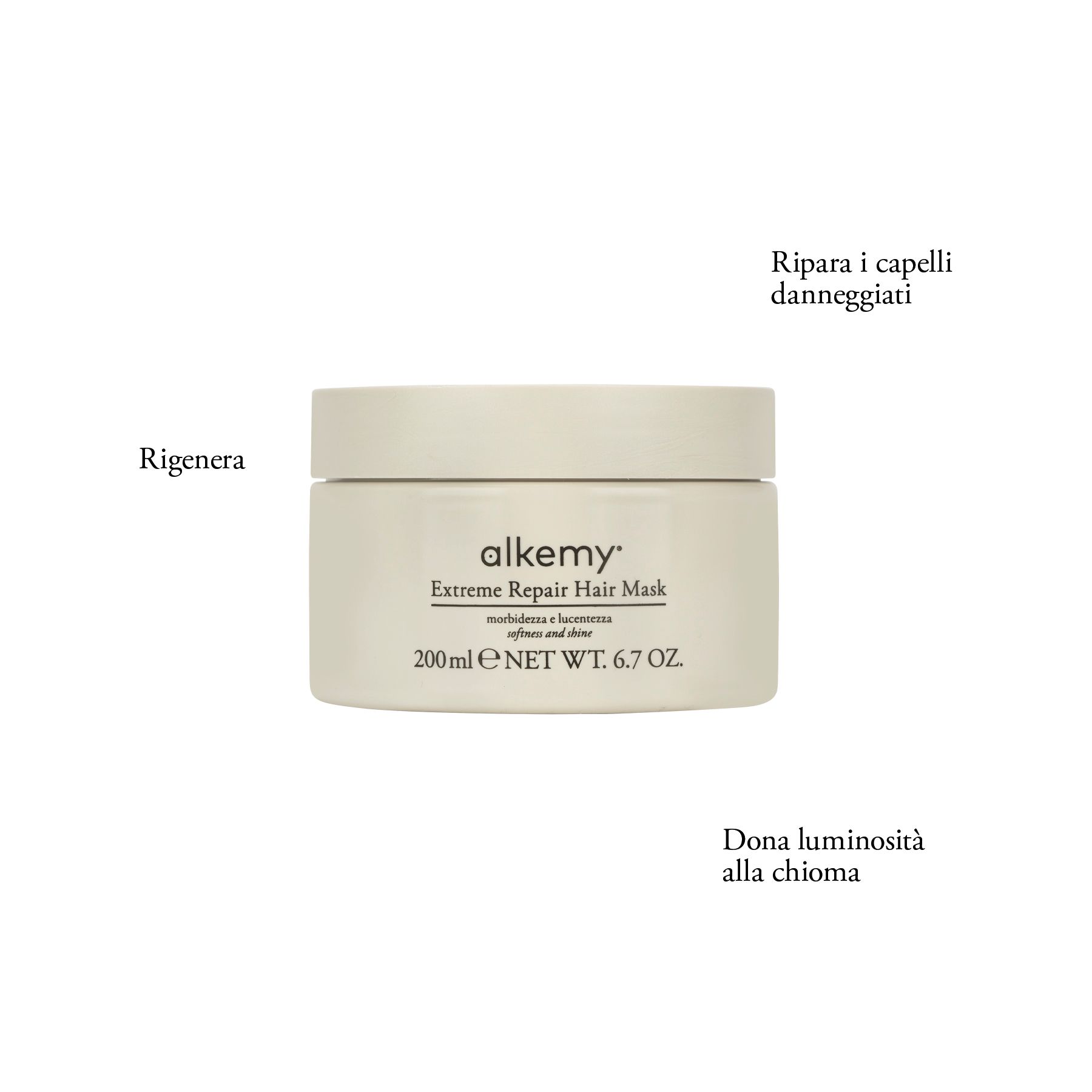 Pot de Masque Capillaire Réparateur Intense Alkemy avec textes: 'Rigenera', 'Ripara i capelli danneggiati', 'Dona luminosità alla chioma'.
