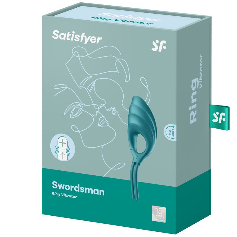 Boîte du Satisfyer Swordsman Ring Vibrator en turquoise avec illustration du produit et logo de la marque.