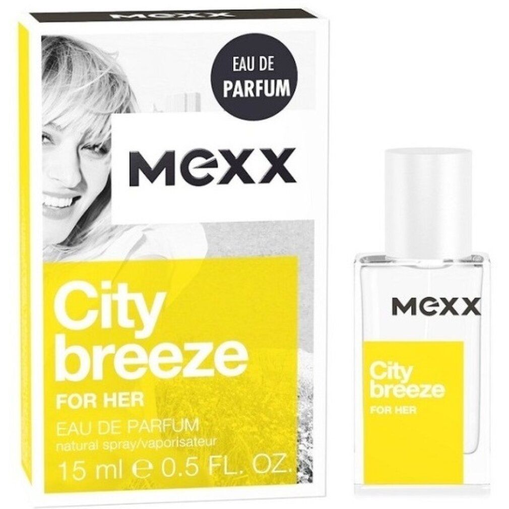 Fles en verpakking. Fles: transparant, vierkant. Verpakking: wit, geel. Opschrift: MEXX, City breeze FOR HER.