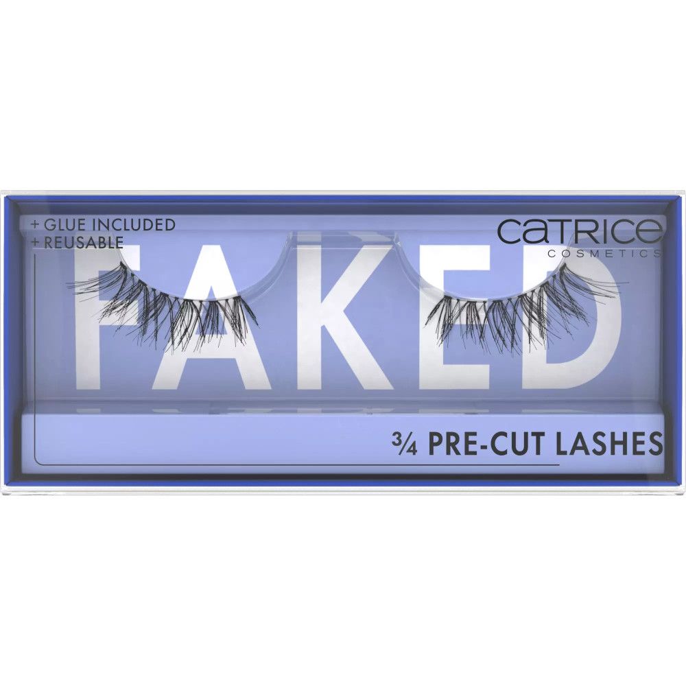 Emballage de faux cils 3/4 Catrice. Boîte bleue, devant transparent. Texte : 'FAKED' et '3/4 PRE-CUT LASHES'.