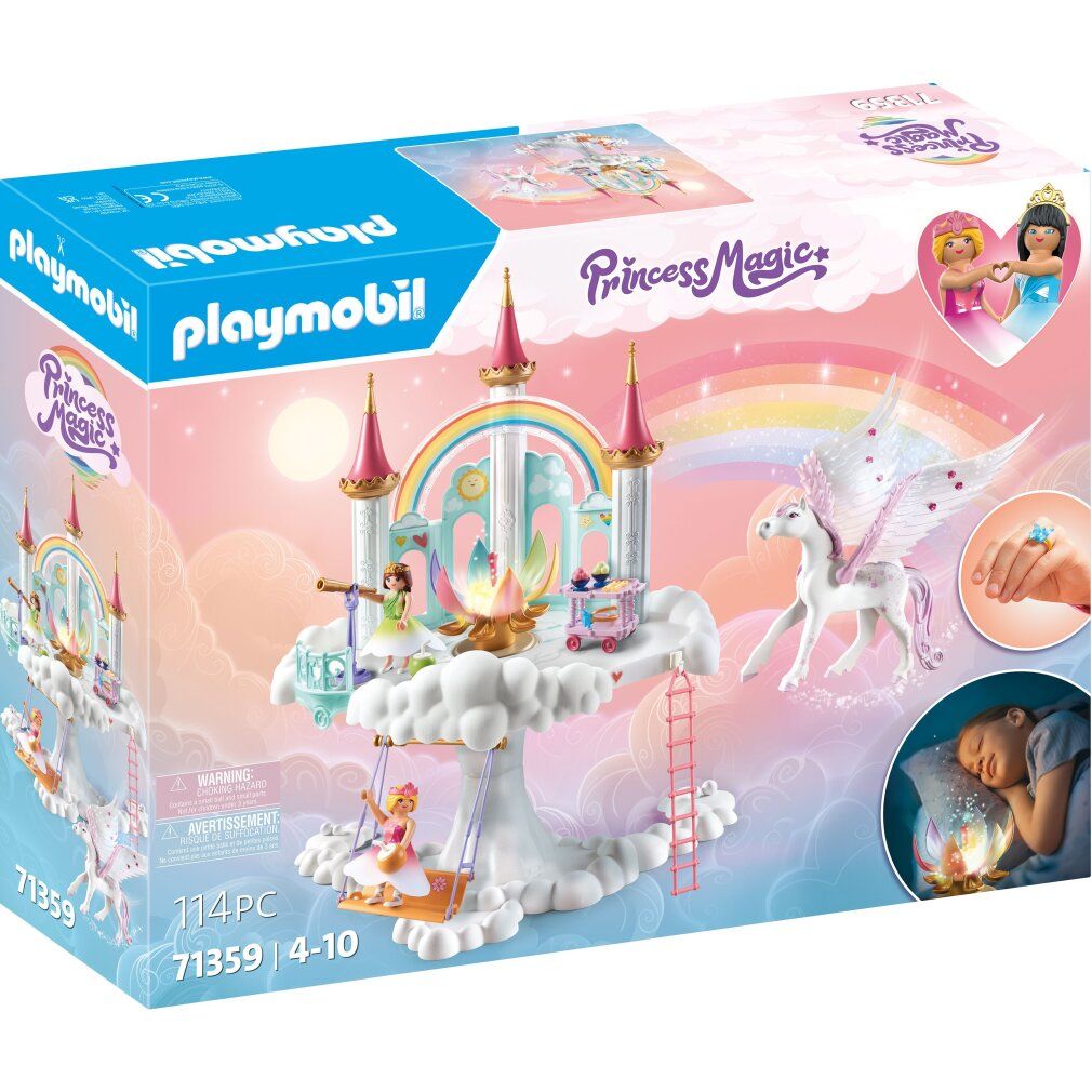 Château de jouet avec licorne et figurines. Emballage avec nom et logo du produit. Contient 114 pièces, recommandé pour les 4-10 ans.