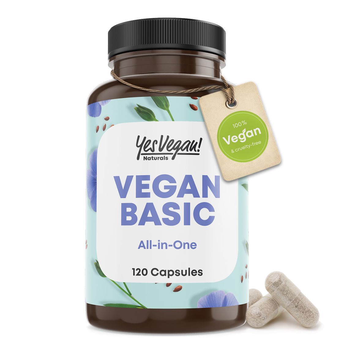Fles Yes Vegan! Naturals Vegan Basic All-in-One Multivitamine met klantbeoordeling en vrouw met glas water.